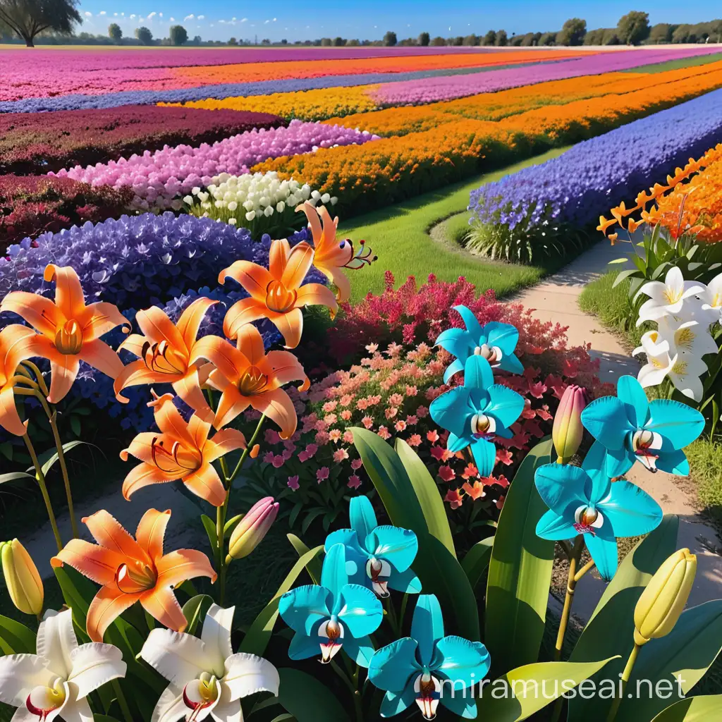 bright blue sky, small field of flowers, lots of different flowers, lilies, orchids, bright colors, summer vibes