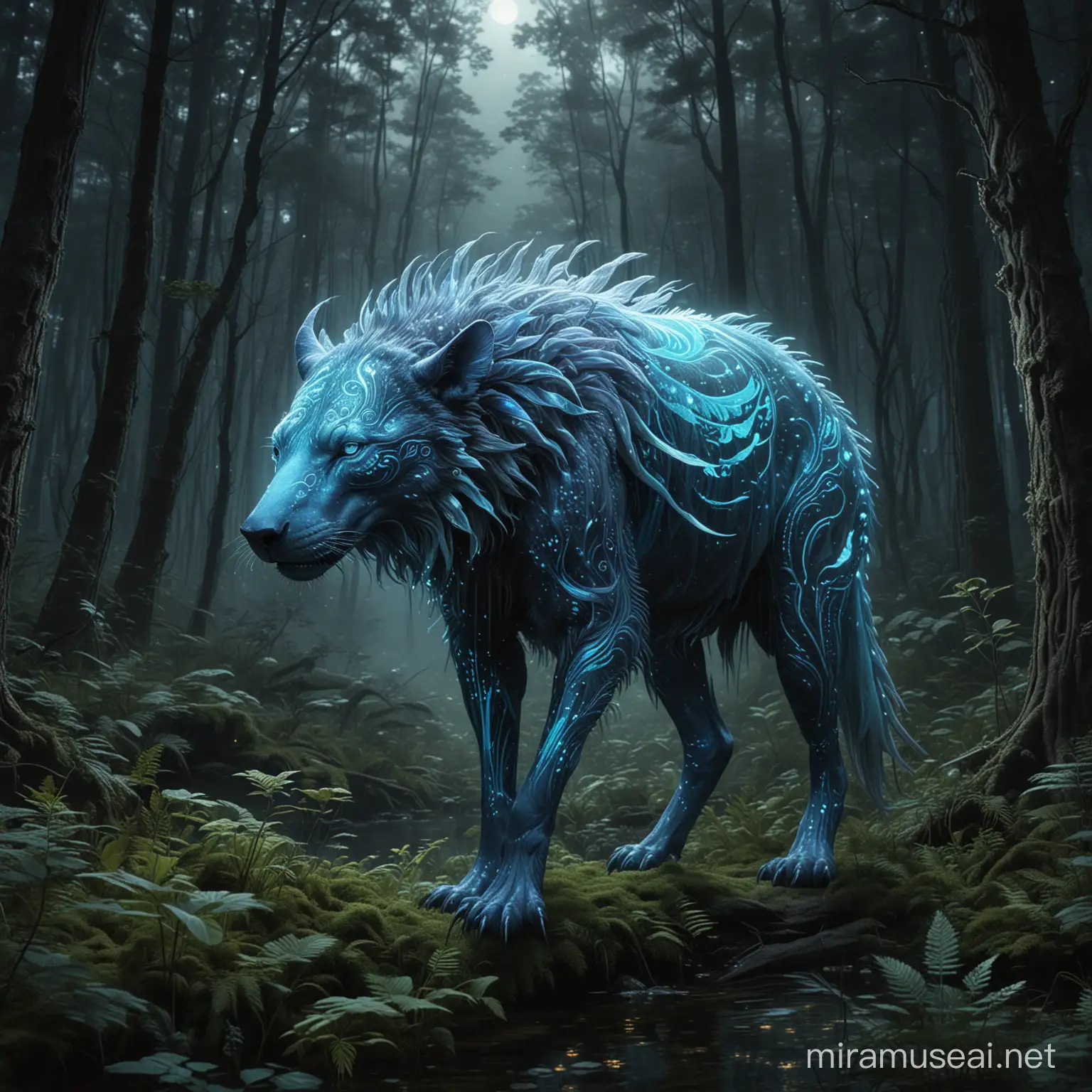 In a darkwave-driven bioluminescent parallel universe, a majestic animal softly glows with accents of an ethereal light, its form  is that of a real world animal. This concept art piece is a digital painting, showcasing the creature coexisting within a luminescent forest. The creature's iridescent accents shimmer, reflecting the otherworldly glow around it. The scene is rich in detail, with intricate patterns of  flora and fauna adding to the surreal atmosphere. The image is expertly crafted, creating a mesmerizing and immersive world for viewers to explore.