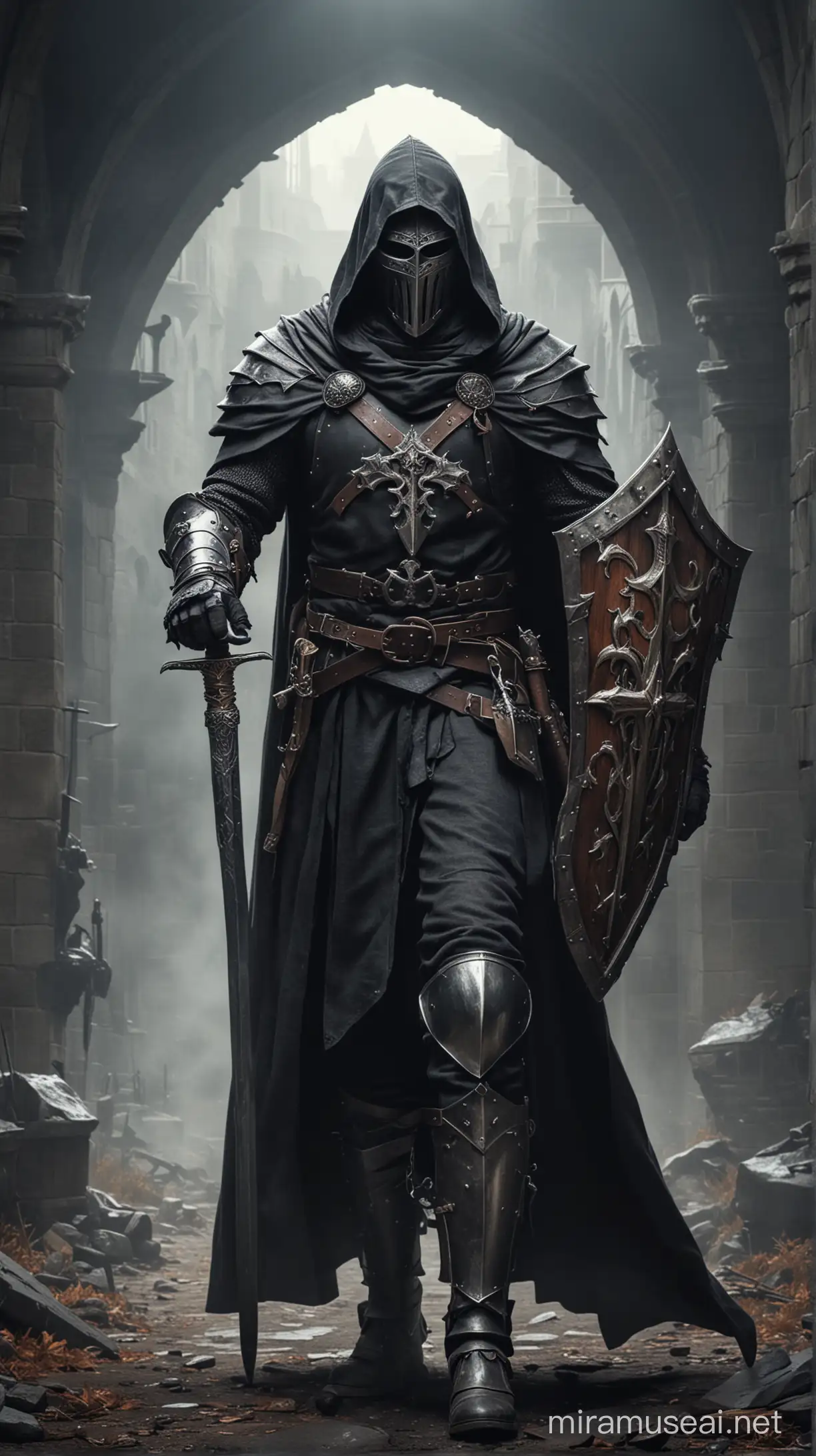 templar, knight, man, epic fantasy, hooded, cloak. tower backdrop. knight mask, holding mace and shield