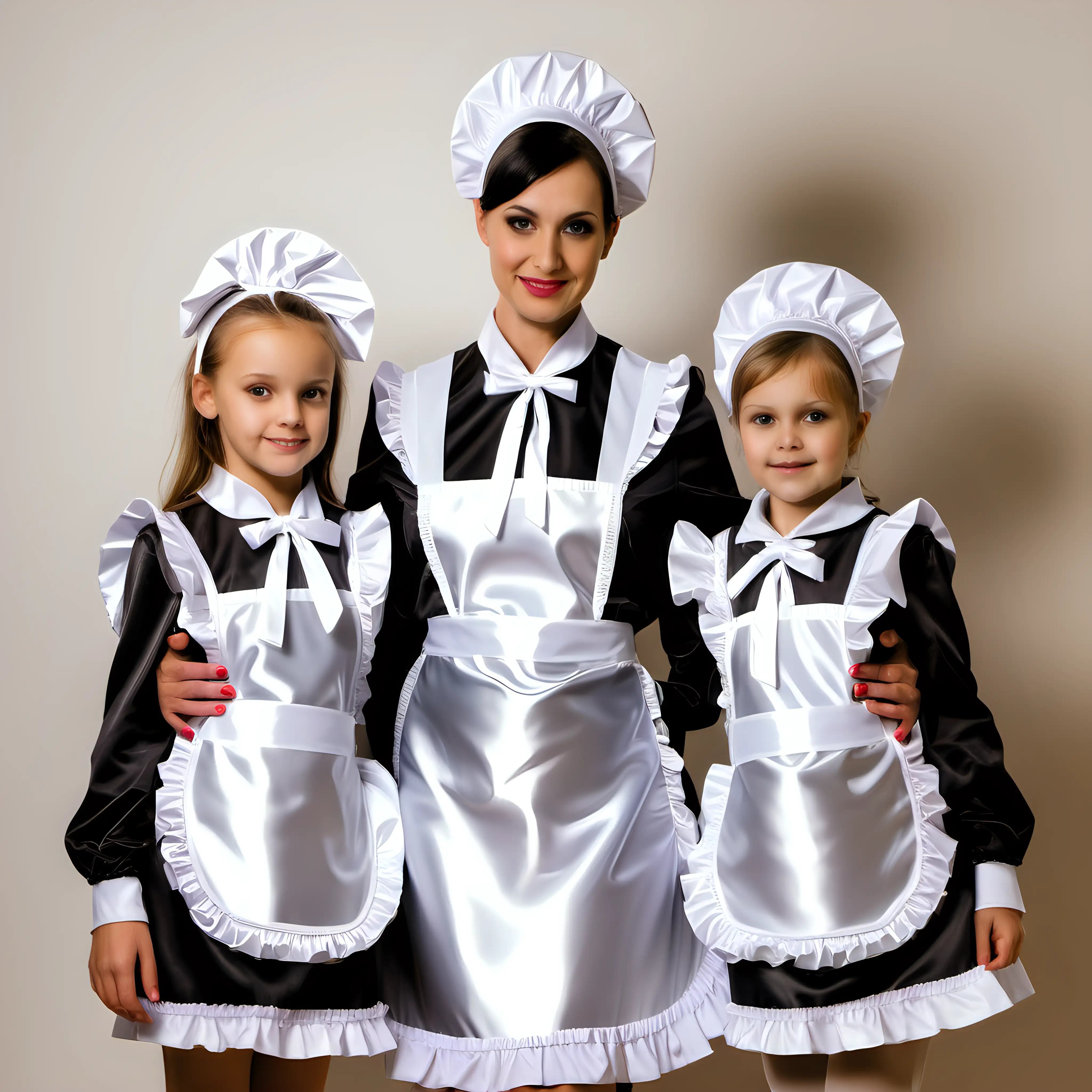  two  mother and litle daughter with satin maid uniforms