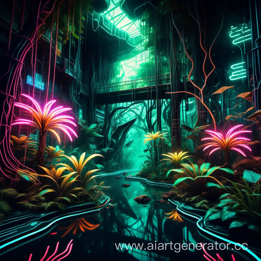 A neon-lit jungle with glowing flora and fauna, where the trees are circuit boards and the rivers flow with liquid light