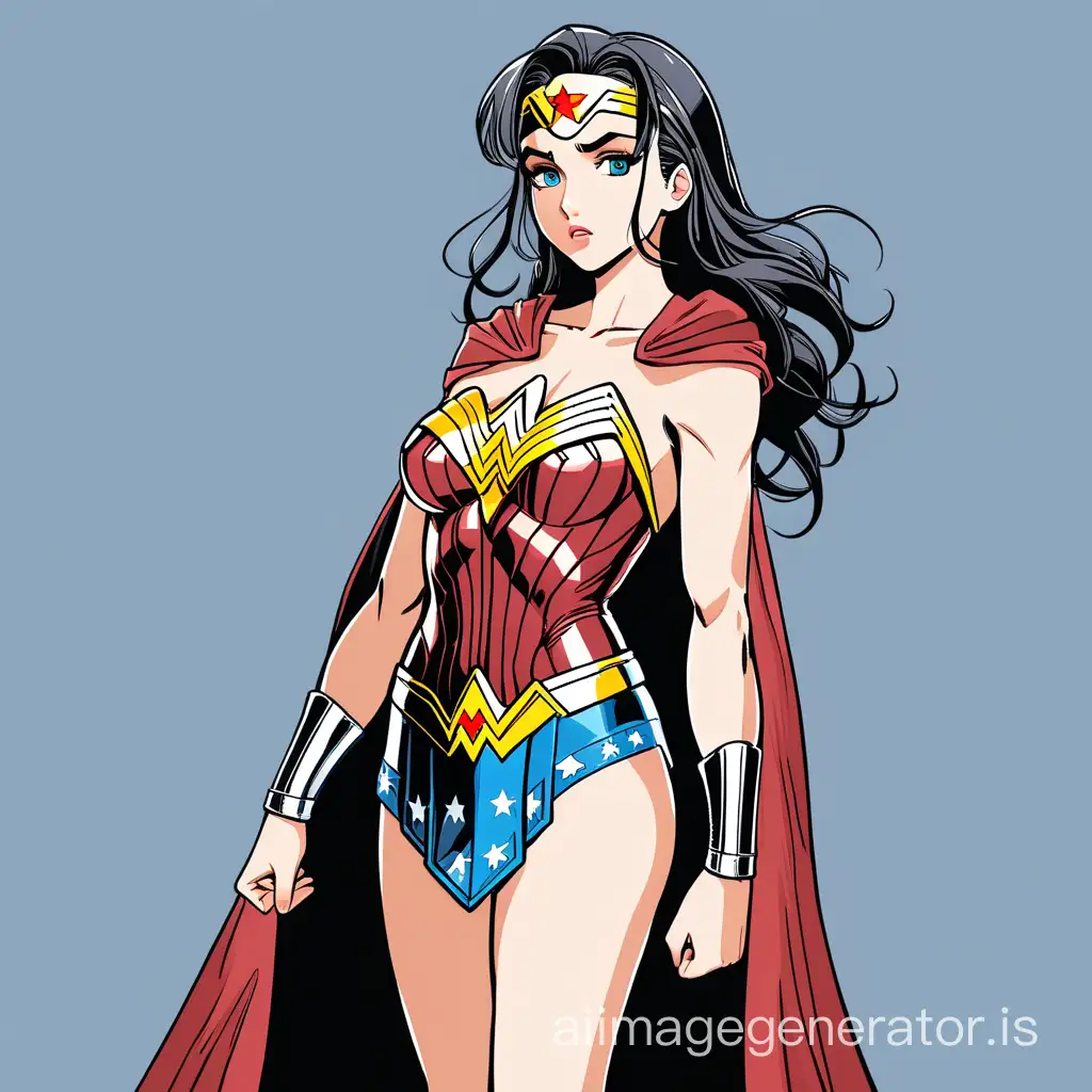 Hot anime girl in wonder woman costume wearing a cape full length. Her hands are tied behind her back