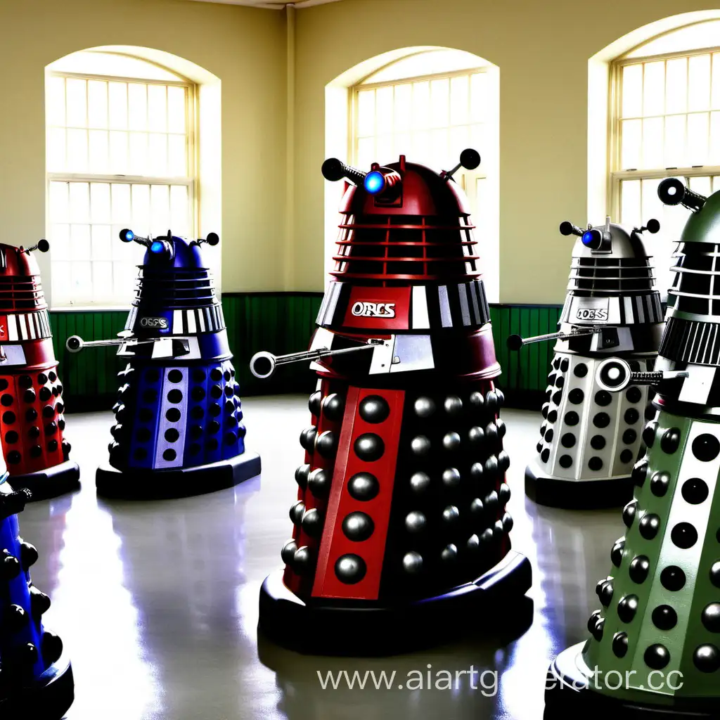 Daleks fighting orcs in a school.