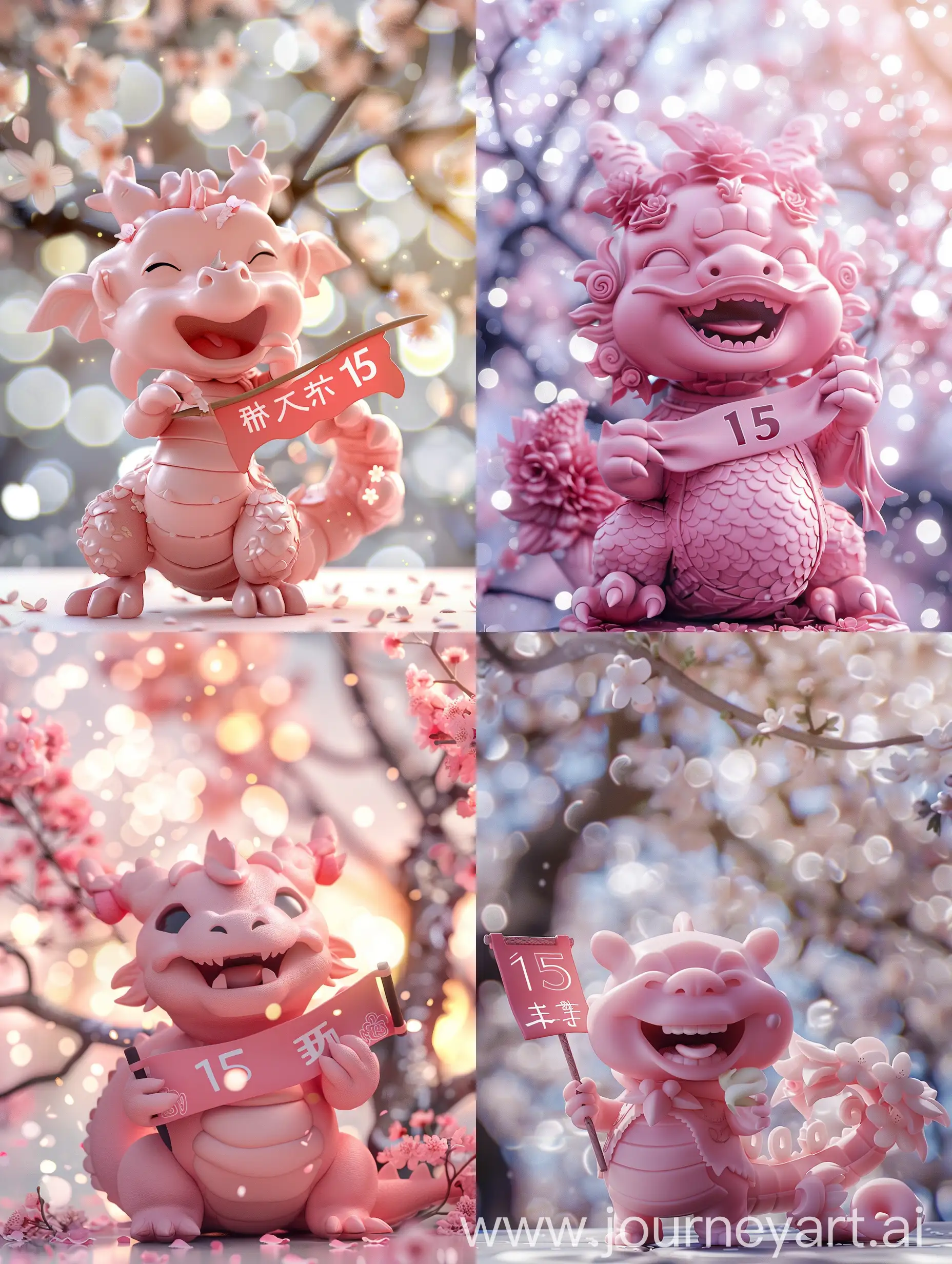 Cute pink 3d Chinese kid dragon with benign smile. Holds banner with number "15". Background spring blossoms bokeh