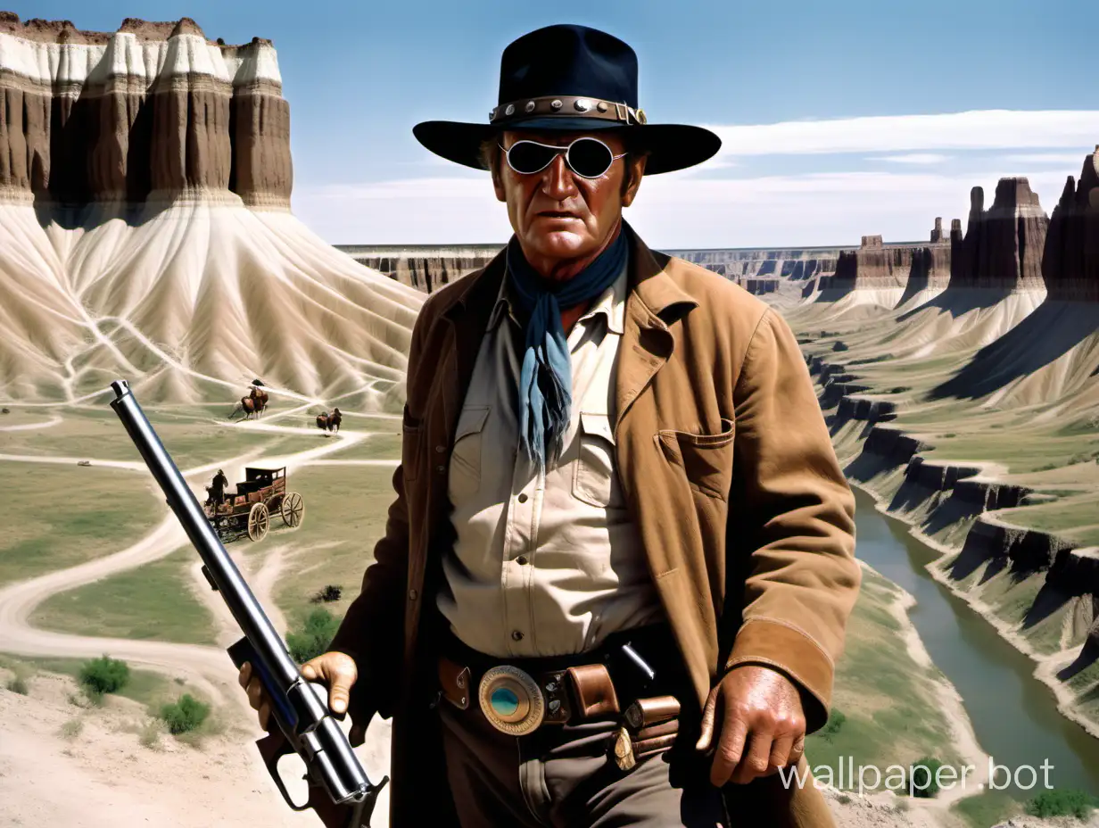 John Wayne as Rooster Cogburn is in the foreground, complete with eye patch, cowboy hat, and strapped on guns. In the background is typical western badlands landscape. Detailed features, sharp images.