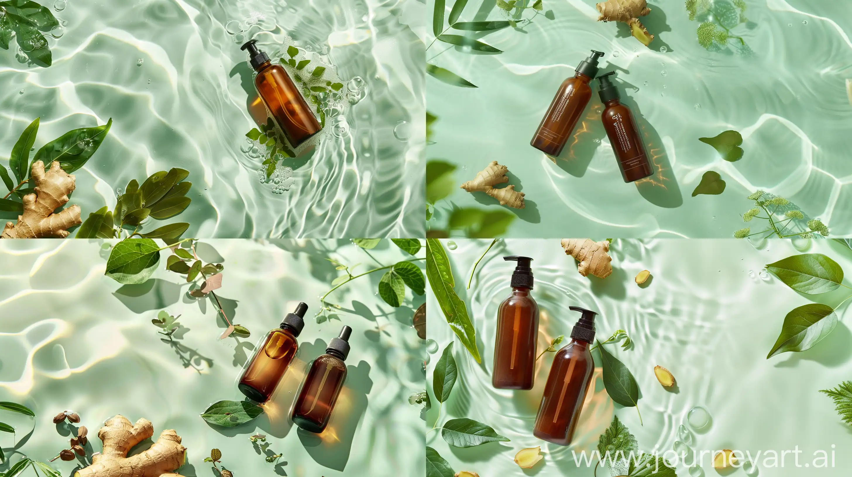 Product: two 2 bottles of brown shampoo cosmetic bottles on the left image. Background: cosmetic bottle lying on the surface of light green water Factors: Soft focus, A little ginger, perilla leaves, polygonum, and mistletoe float on the water surface around the product, Elegant light, Reflection on the water surface, The atmosphere is quiet
Style: fresh, natural, quiet --ar 16:9 --style raw