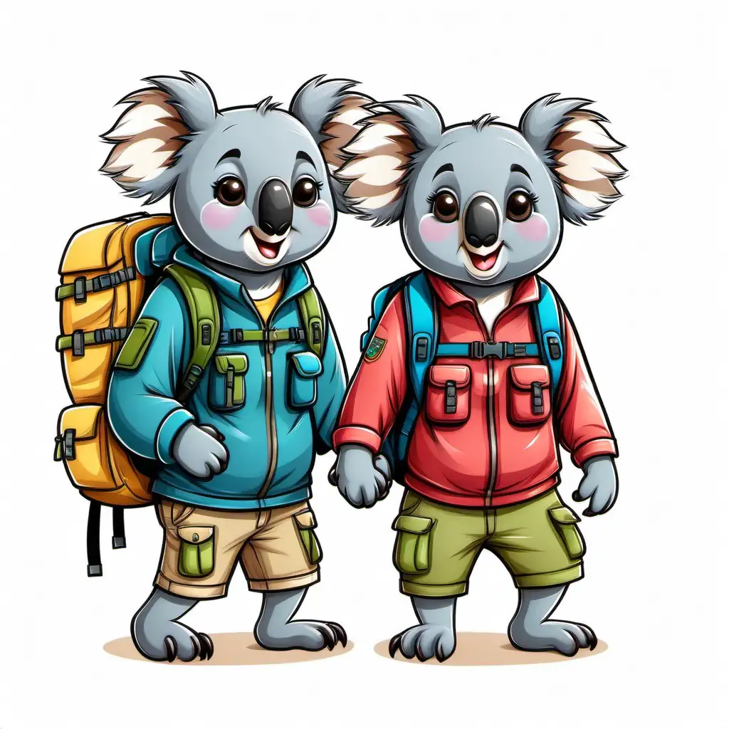 A male koala, and a female koala, Hanna Barbara style cartoon, in hiking clothes with backpacks, facing forward, holding hands at waist level, on white background
