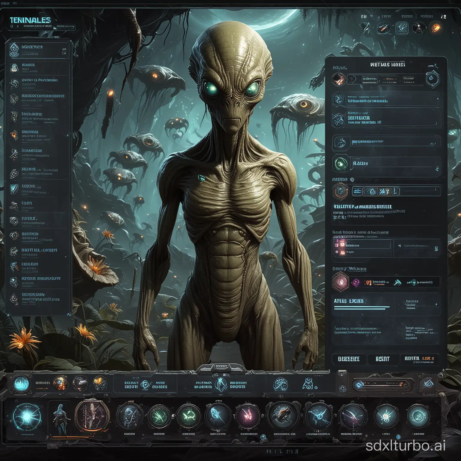 A combat interface for an an Alien Lifeform with many eyes and tentecales 2 game that requires a avatar and health bar and a mini map and team information and skill buttons