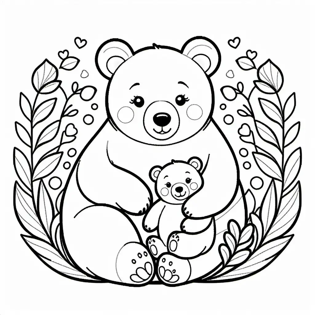 Happy Mother bear takes care of baby bear , Coloring Page, black and white, line art, white background, Simplicity, Ample White Space. The background of the coloring page is plain white to make it easy for young children to color within the lines. The outlines of all the subjects are easy to distinguish, making it simple for kids to color without too much difficulty