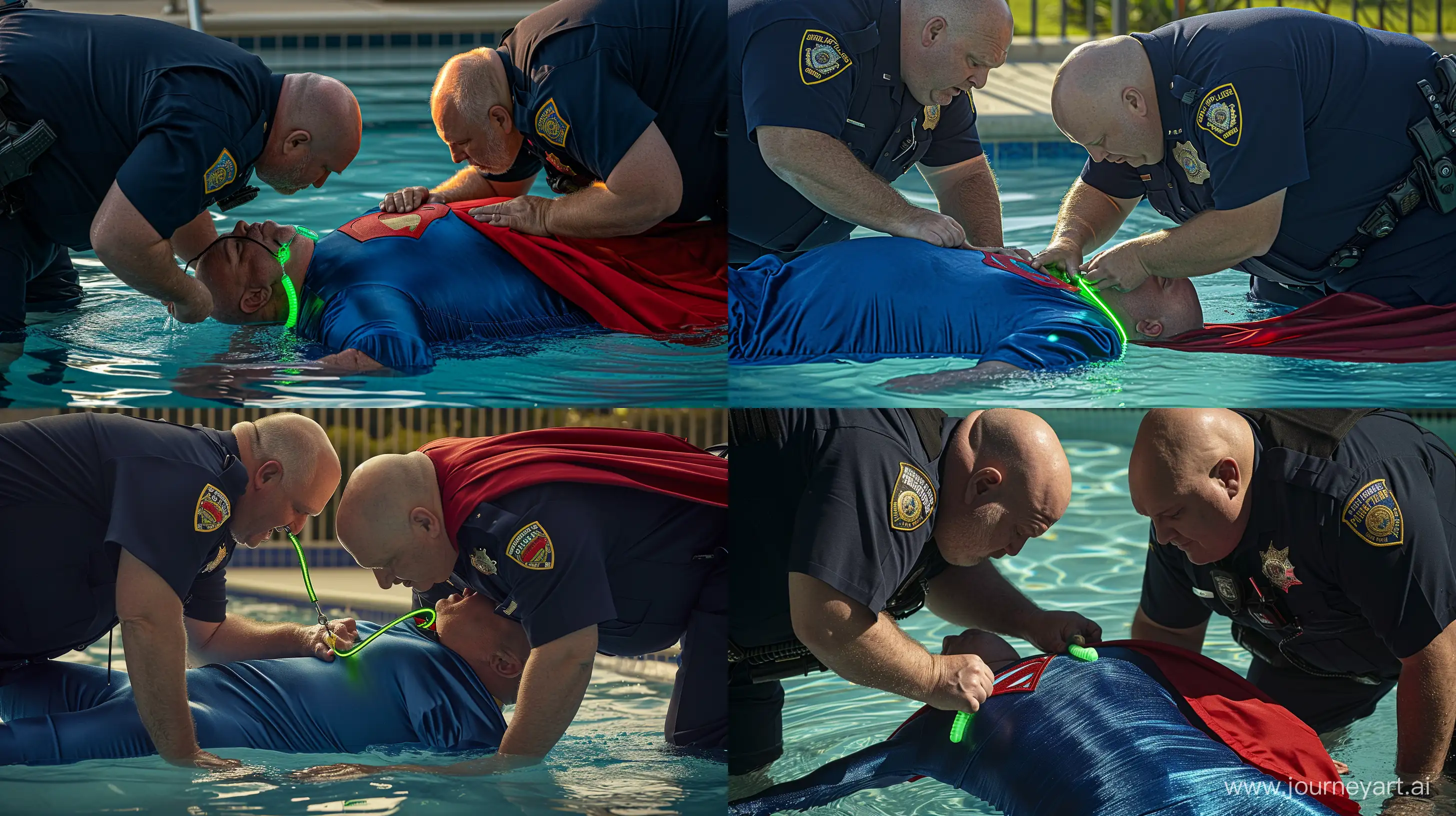 Elderly-Superhero-in-Pool-Vibrant-Collar-Fitting-by-Water-Police