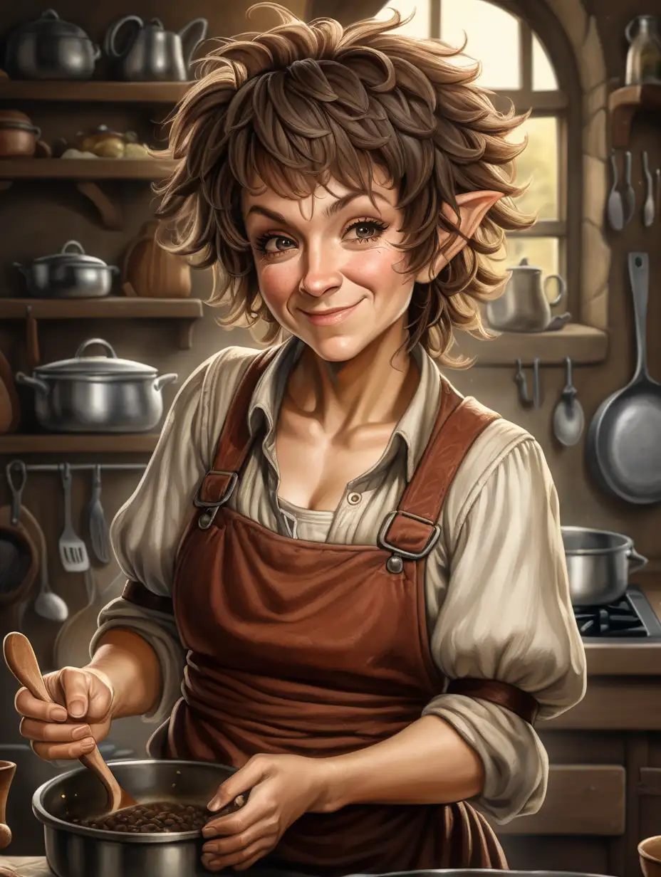 A jolly and beautiful-looking halfling middle-aged, stout female with messy hair and cooking clothes
