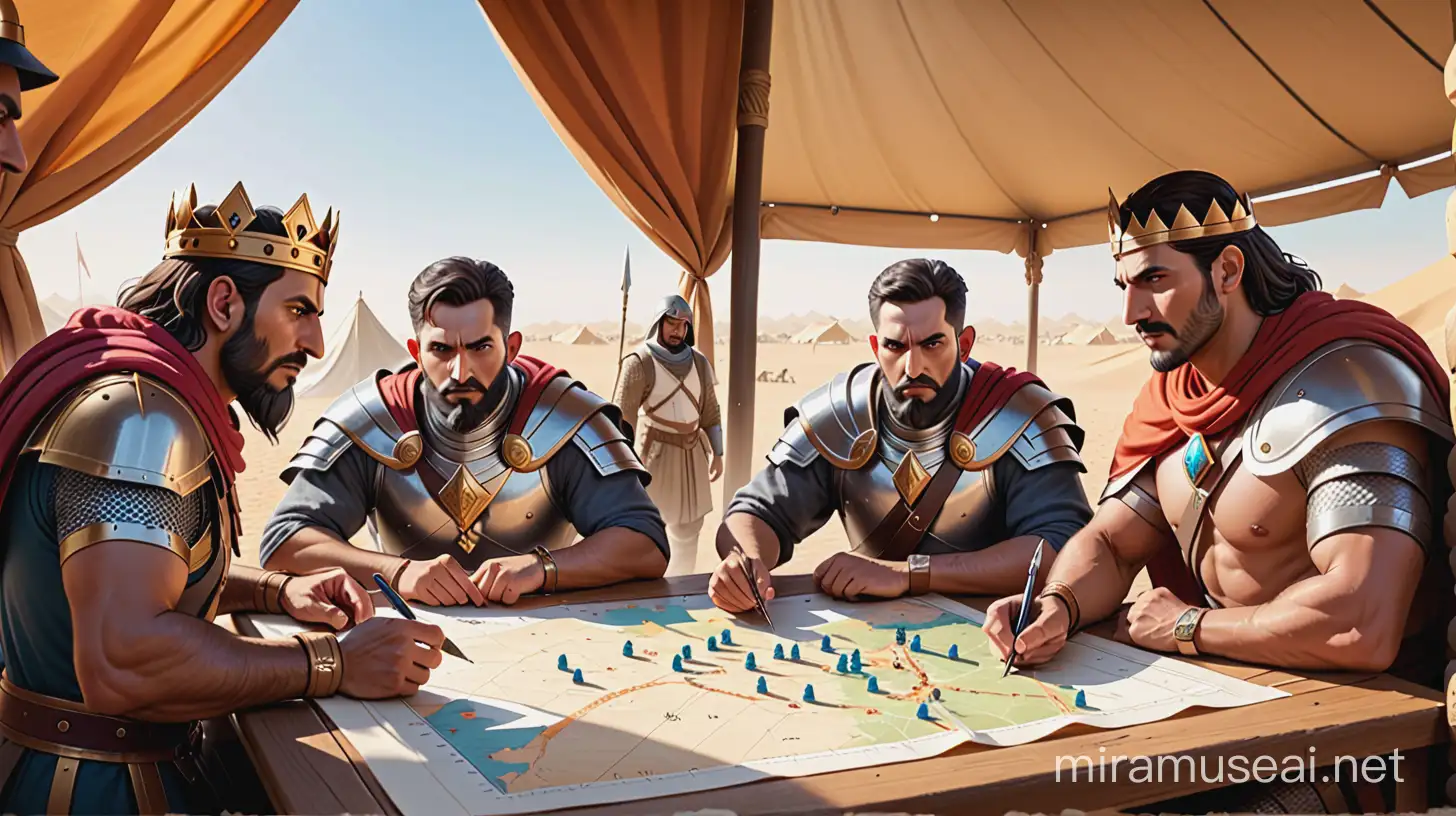 King Aram along with his mighty forces is plotting an attack in their war tent, while spies eavesdrop on their plans. A war map lies open on the table, showing their strategy.