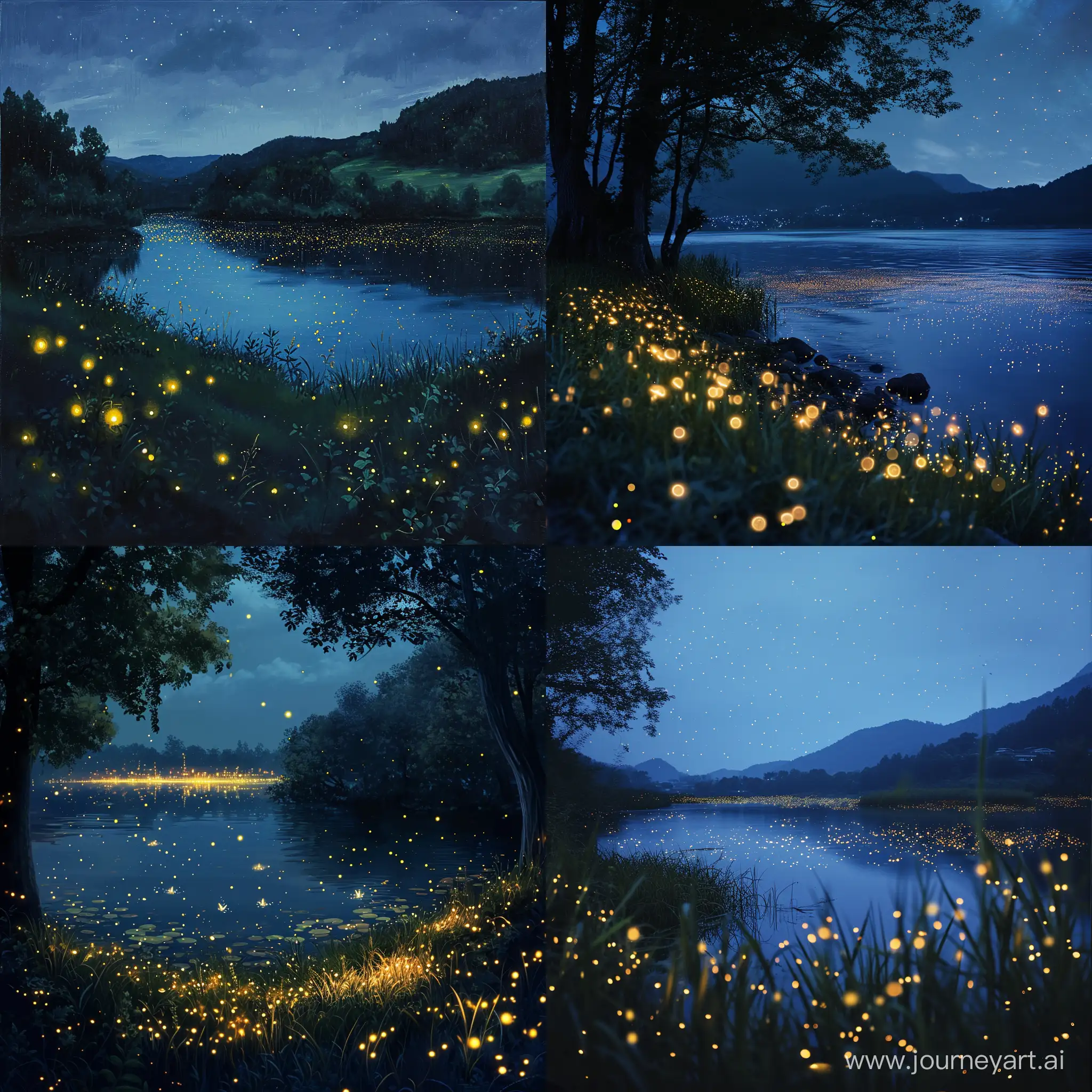 озеро, ночь, светлячки, сказочный пейзаж