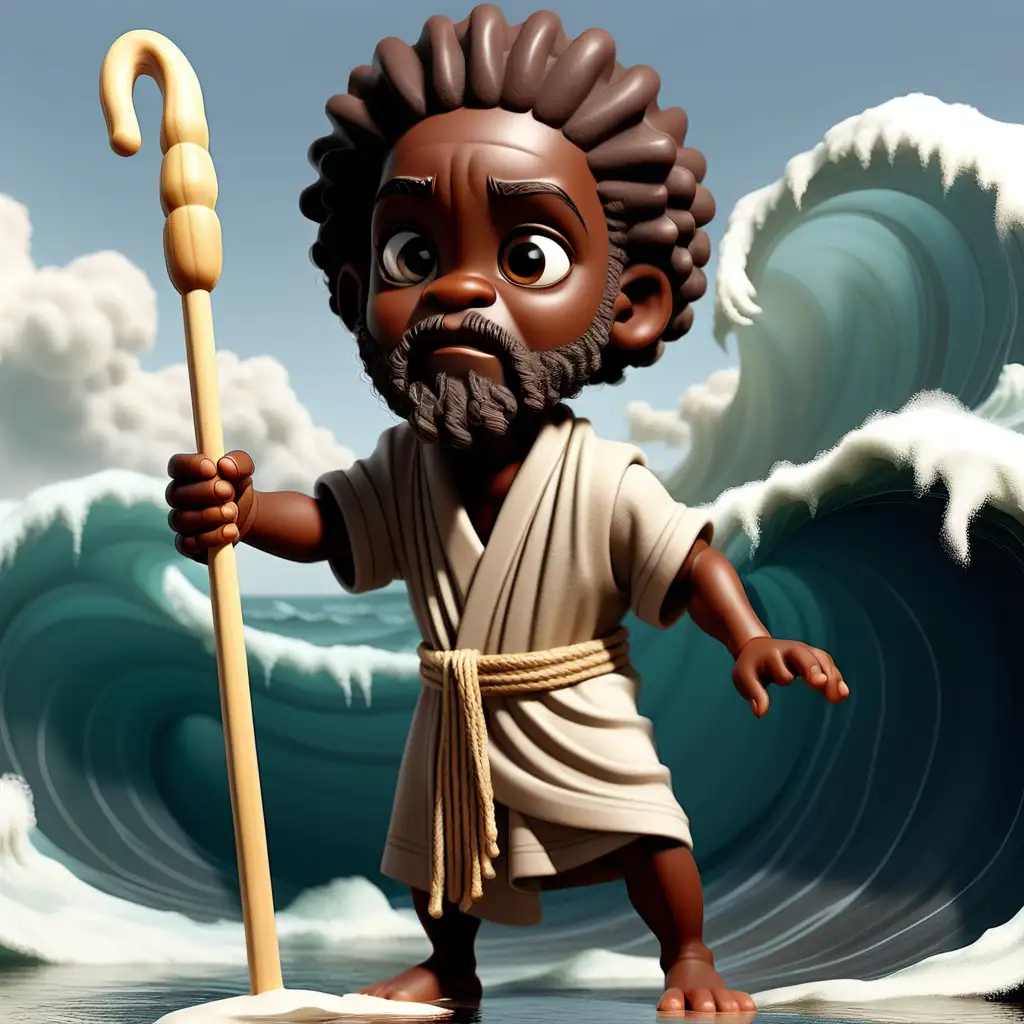 little african american moses with a beard, parting a large ocean, holding one rod shaped like a stick in his hand
