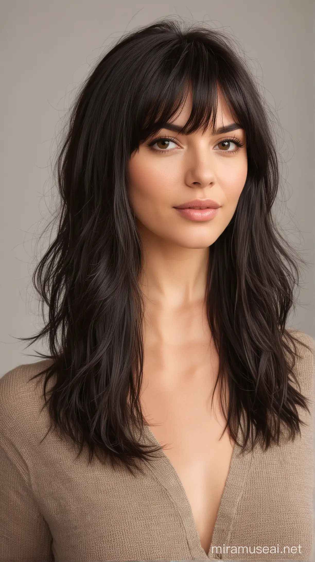 2. Long Shag Haircut with Bangs: A Chic Blend of Drama and Softness
Next time you sit in my chair, I’m eager to try the long shag haircut with bangs on you. It’s perfect for anyone looking to frame their face beautifully, adding a soft yet impactful look. This style pairs beautifully with rich brunette or jet black hair and is ideal for a medium or oval face shape. Imagine rocking this look at a chic café, adding a touch of casual sophistication to your weekend wear.