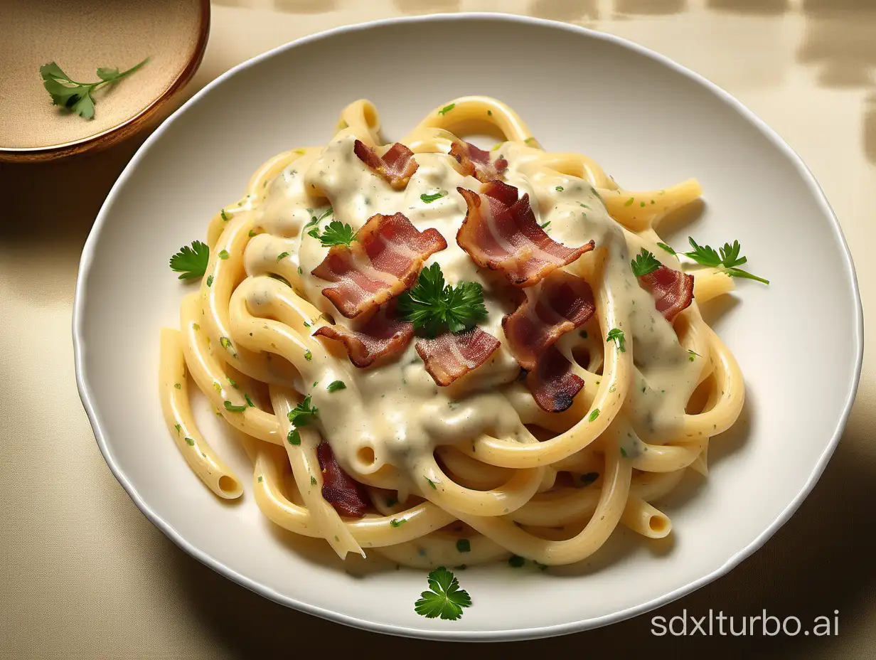 Color photo of a mouthwatering food photograph of a plate of creamy and cheesy pasta carbonara, topped with crispy bacon and fresh parsley. Rich and indulgent style, warm lighting enhancing the creamy sauce, close-up shot showcasing the perfectly cooked pasta. A taste of Italy. —c 10 —ar 2:3,Photograph by David Loftus