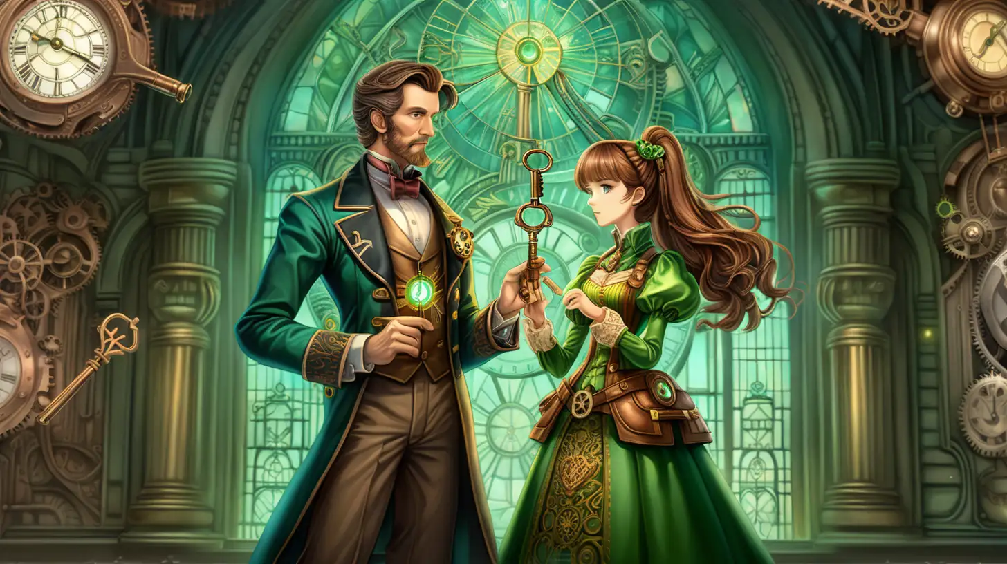 a dystopian Victorian full body head to toe image of a MOM AND DAD , gazing , holding a magical glowing key, with brown hair, in a green and gold outfit, full body, head to toe, in a dancing standing position, in steampunk style, no hat ultra hd, cartoon anime, vivid colors, highly detailed, perfect composition, beautiful detailed intricate insanely detailed perfect light