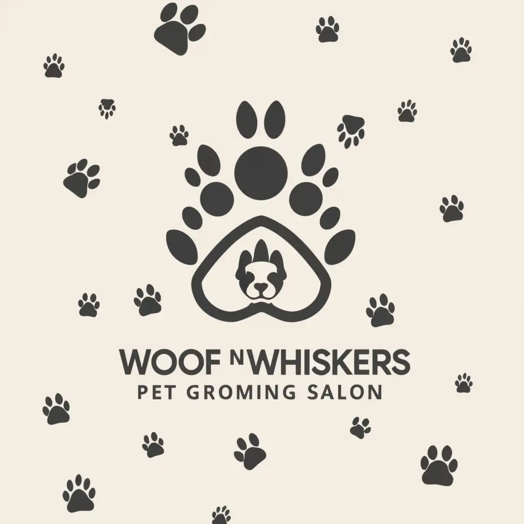 a logo design,with the text "WOOF N' WHISKERS PET GROOMING SALON", main symbol:paws, pomeranian, cat,Minimalistic,be used in Animals Pets industry,clear background