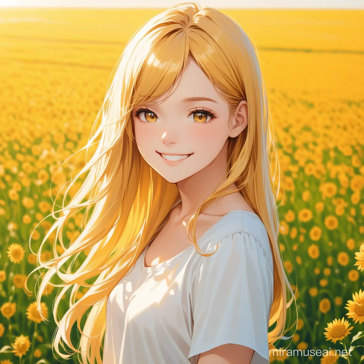 A girl with beautiful golden hair in fiels smiling