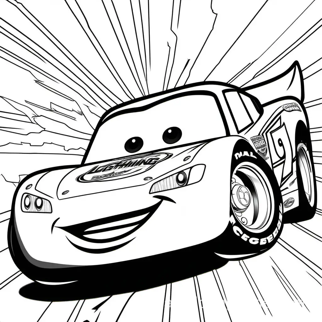 Lightning McQueen , Coloring Page, black and white, line art, white background, Simplicity, Ample White Space. The background of the coloring page is plain white to make it easy for young children to color within the lines. The outlines of all the subjects are easy to distinguish, making it simple for kids to color without too much difficulty