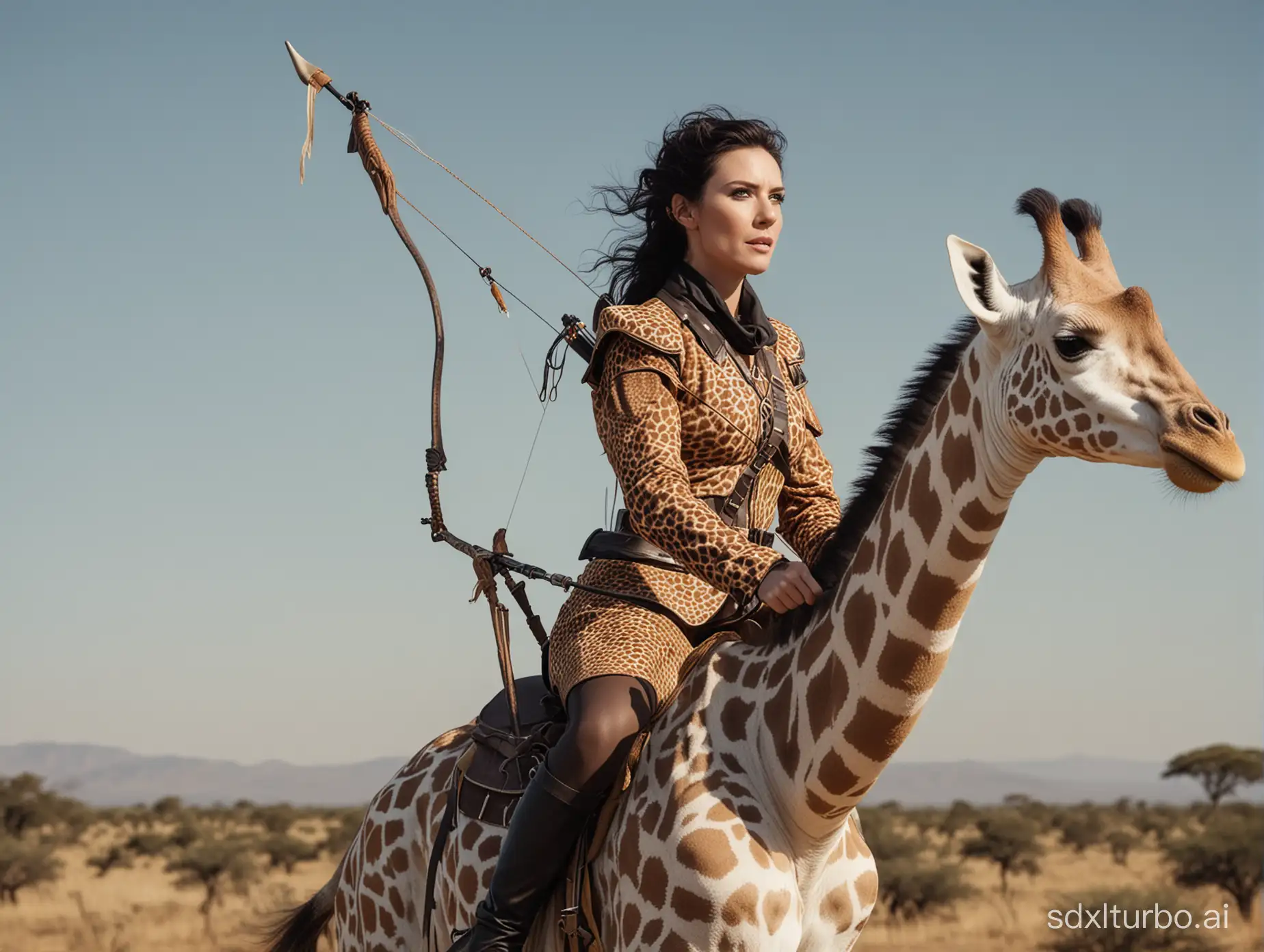 cinematic Medium Long Shot image of a white woman riding a giraffe. She has black hair and is holding a hunting bow. She is wearing silly armor