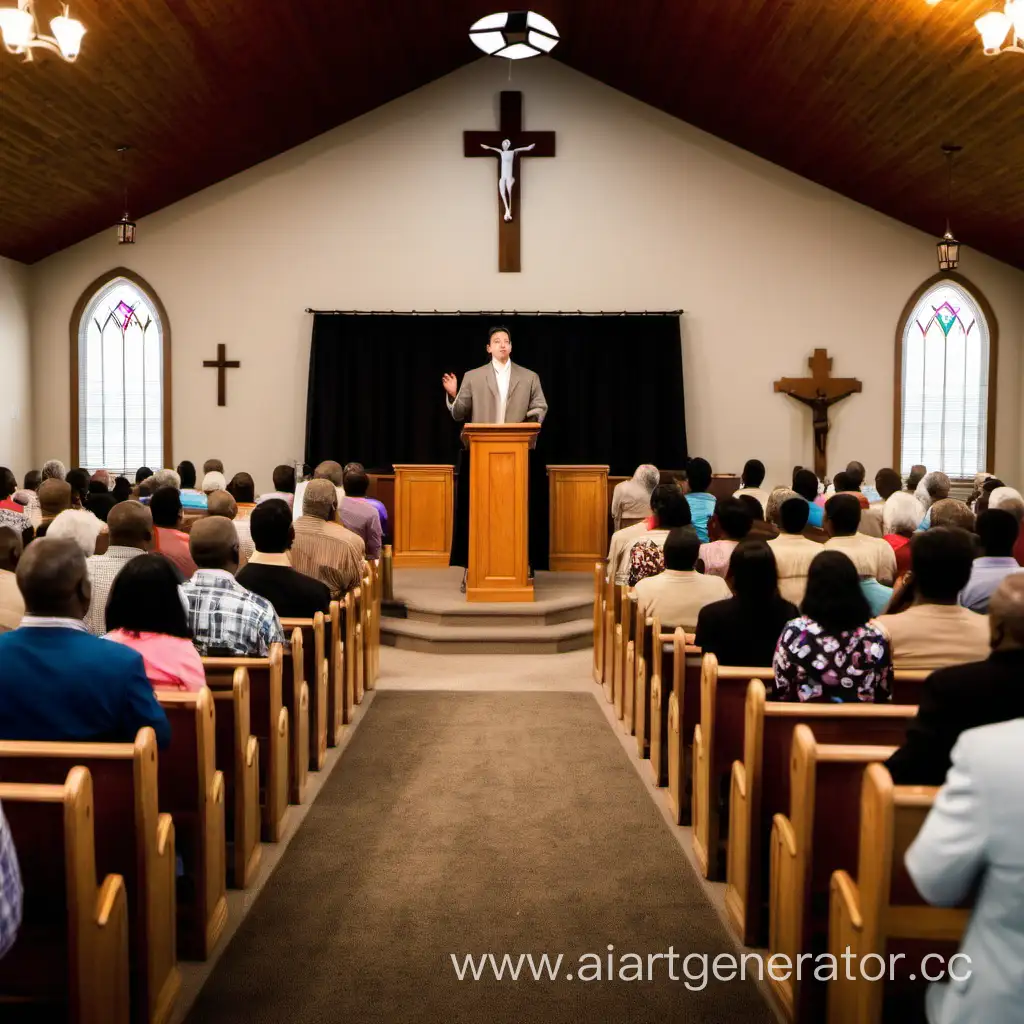 пастор в церкви стоит лицом и говорит проповедь за кафедрой, много людей слушают его