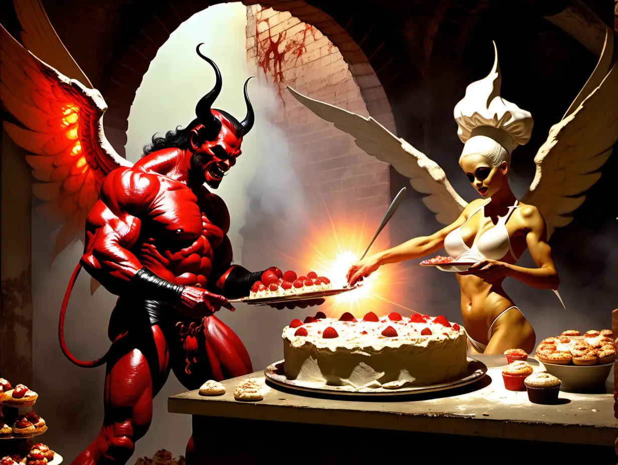 Satan and  Michael the Arc Angel having a bake off in an old bakery digital art Frank Frazetta style