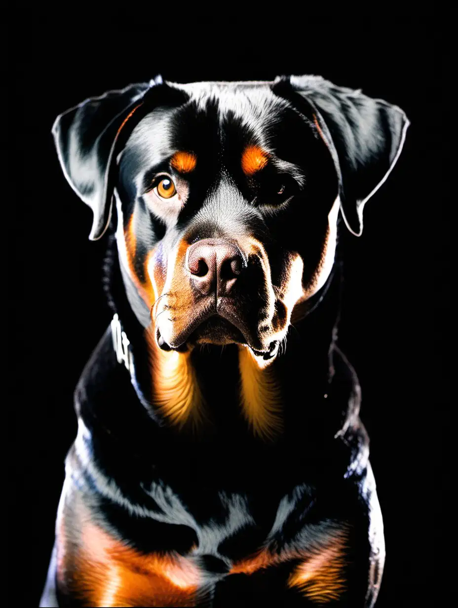 Serious looking Rottweiler looking at the camera
 light comes from the left
black backround