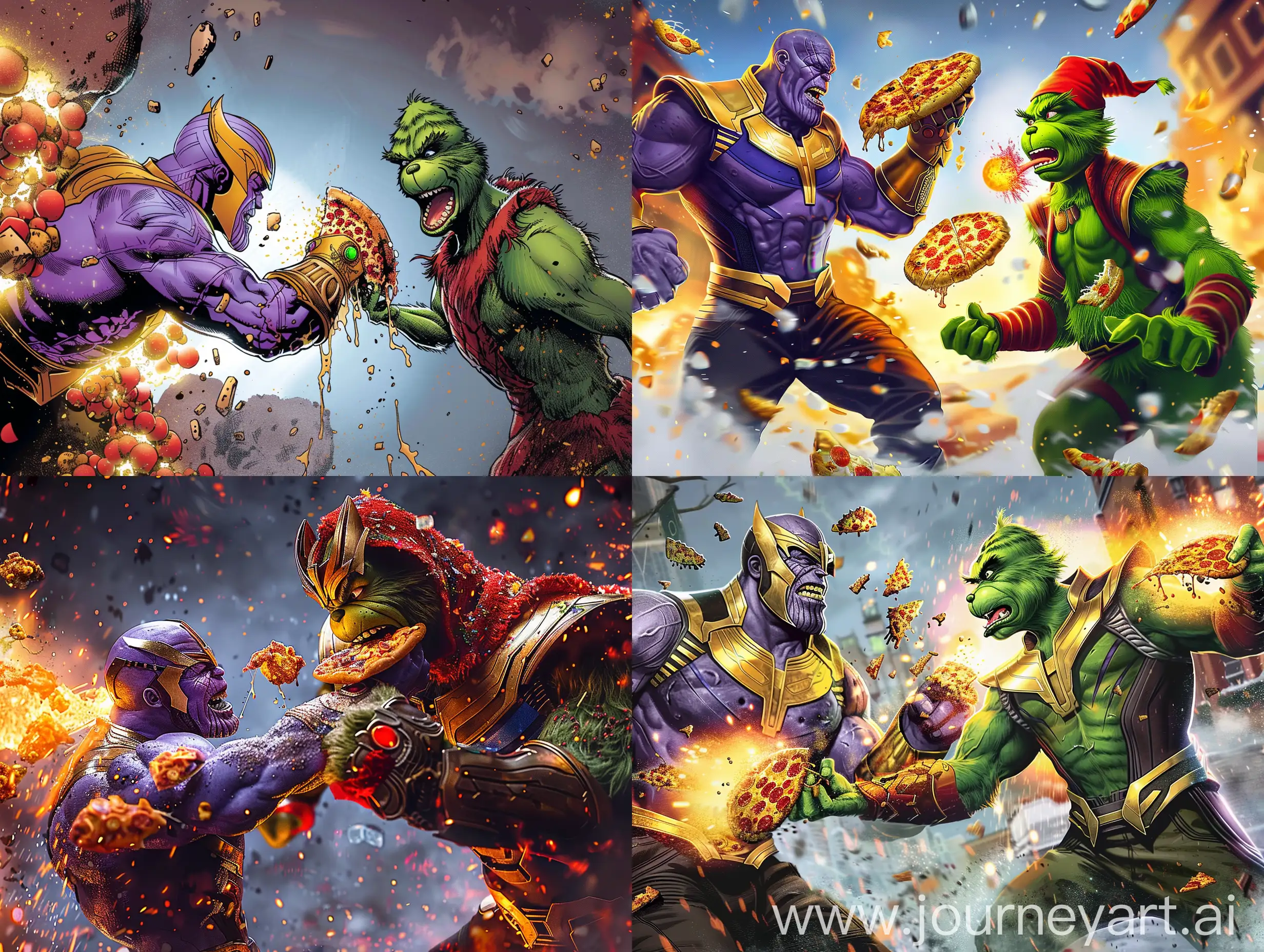 Thanos vs the Grinch extreme pizza delivery fighting and throwing exploding pizza in each other's faces