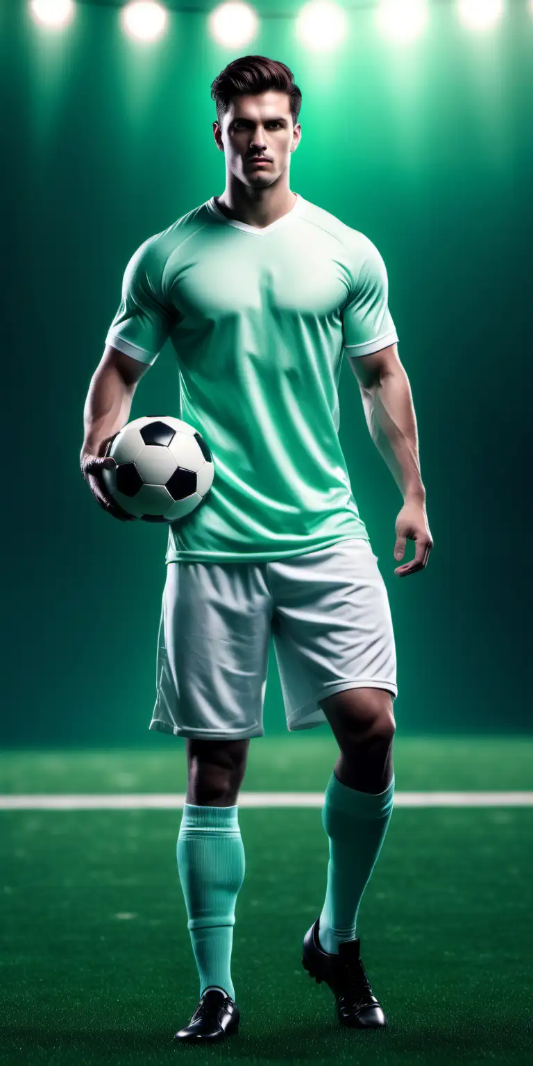 Handsome Football Player with Soccer Ball in Mint Color Palette