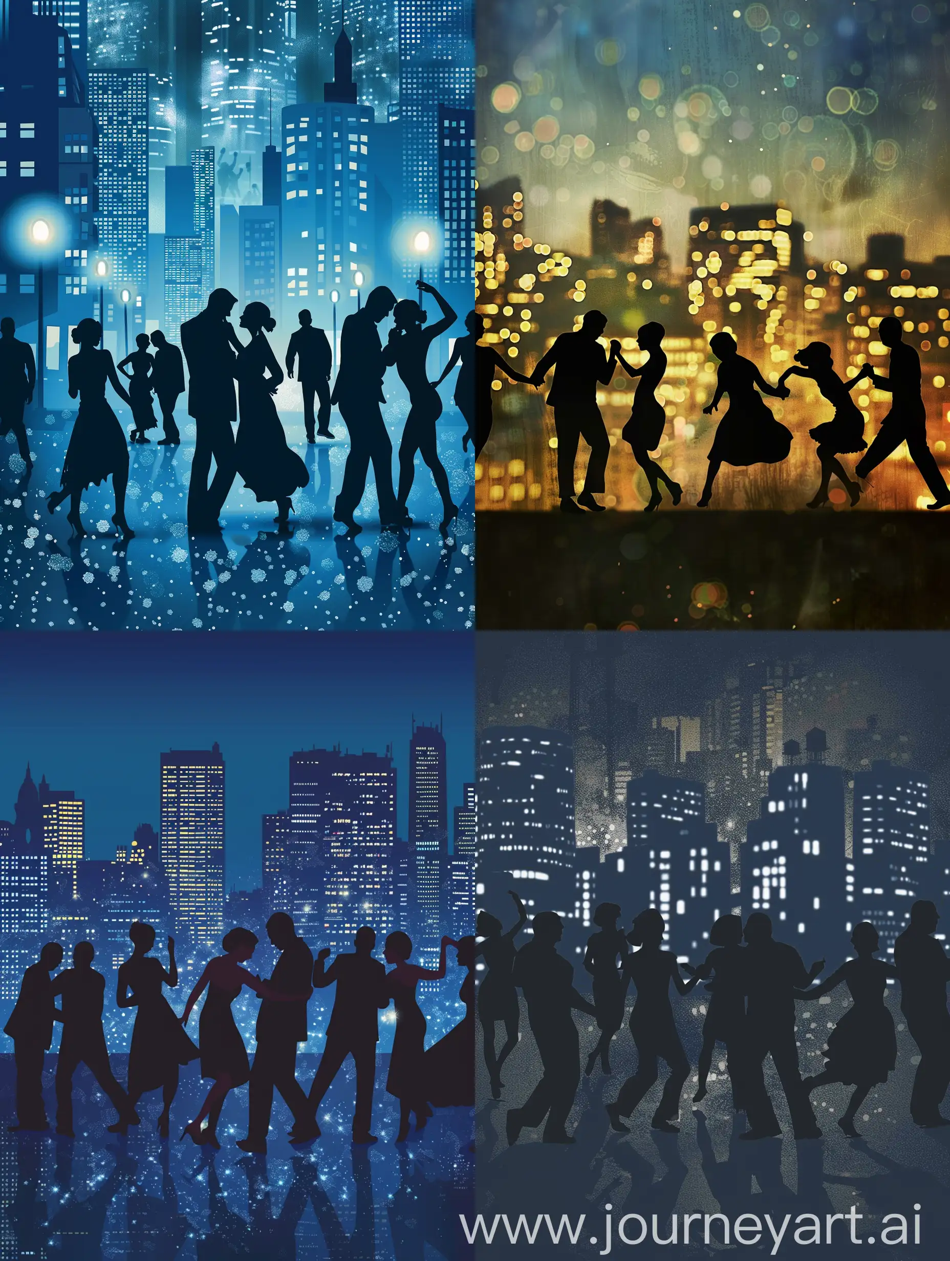 Силуэты танцующих людей на фоне ночного города