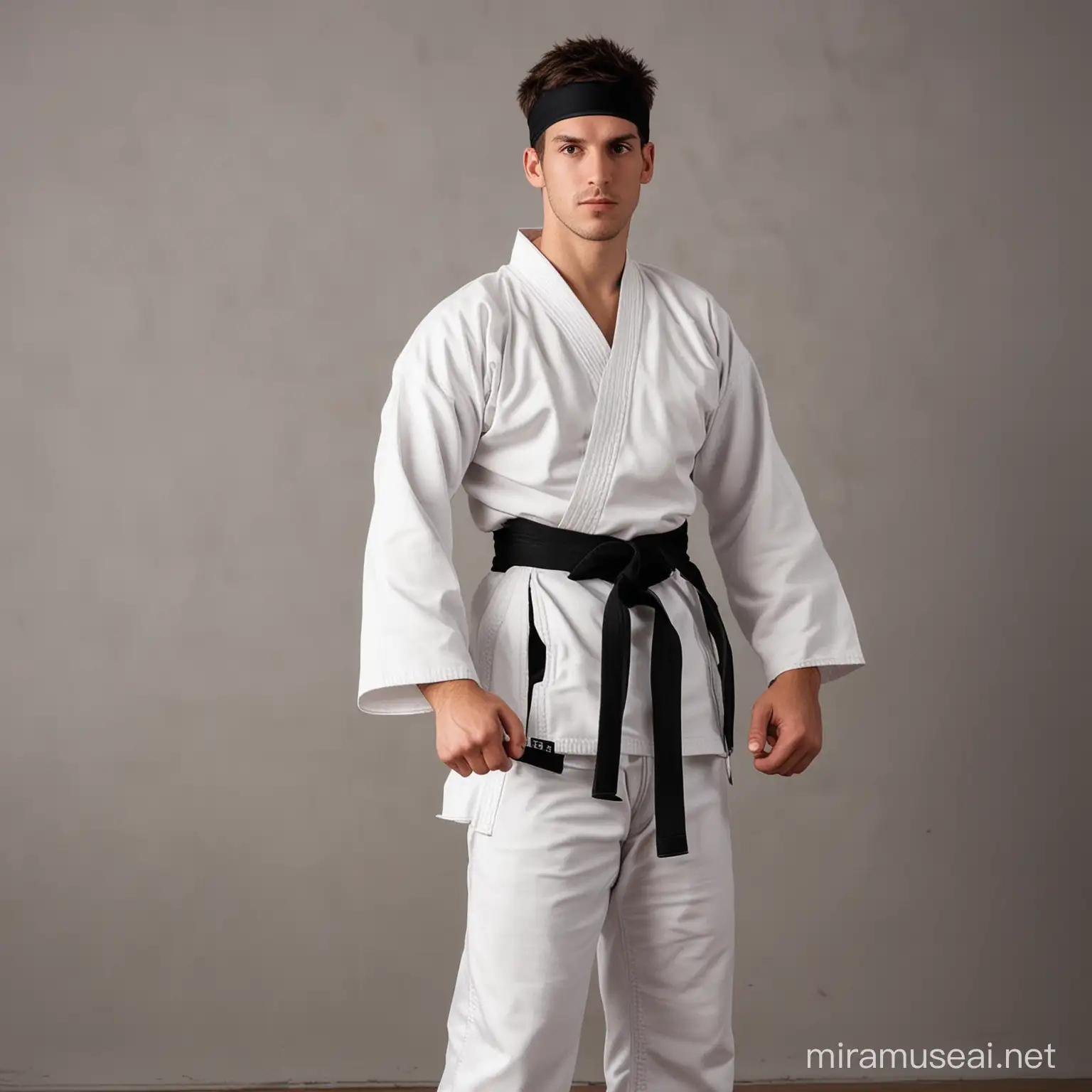 karate uniform with a headband and a black belt in karate studio environment with male person