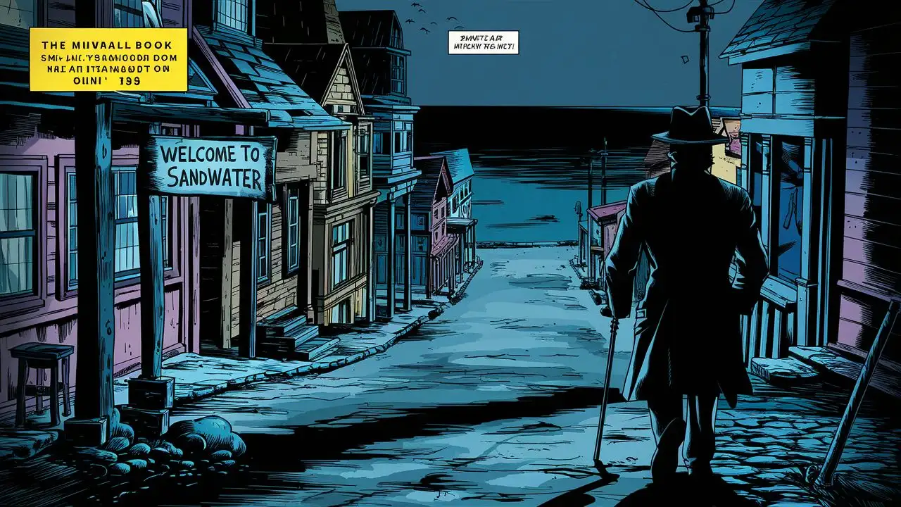 Comic book art, Small coastal ocean front town  in 1983, View of main street and ocean, Wooden sign says "Welcome To Sandwater", creepy vibes, Night scene. lowly lit, Vibrant color, silhouette of old man in black fedora hat trench coat uses cane walking away.