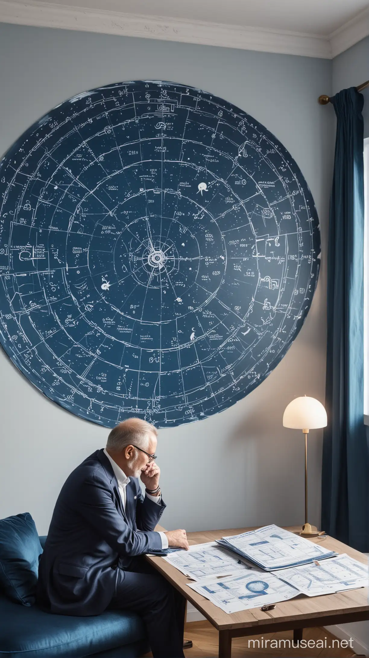 Hombre de 60 años mirando una carta astral en una habitación moderna y elegante, en tonos azul petróleo y blanco