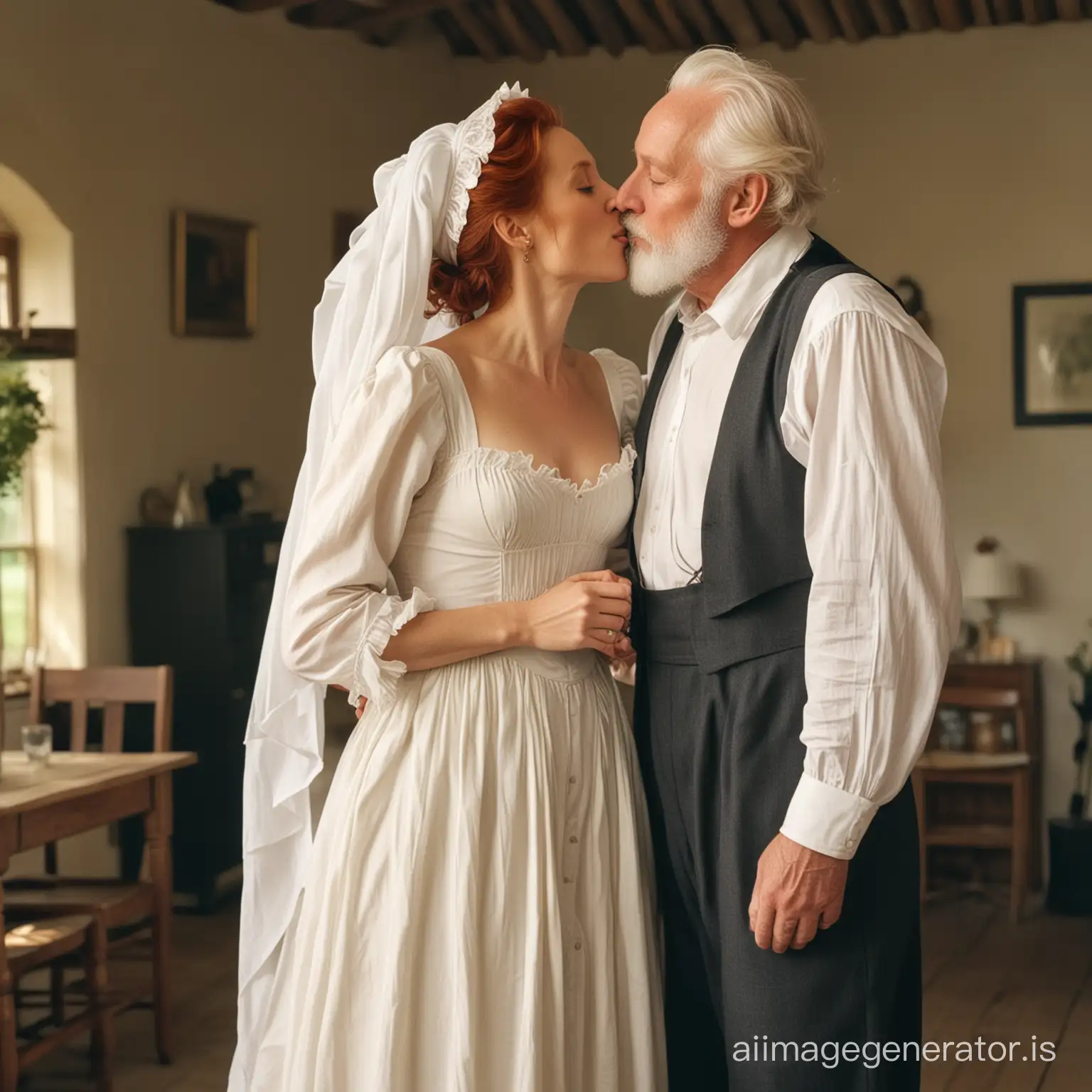 red haired Gillian Anderson wearing a floor-length loose billowing puritan maxi dress with an apron and a white bonnet kissing an old man who seems to be her newlywed husband