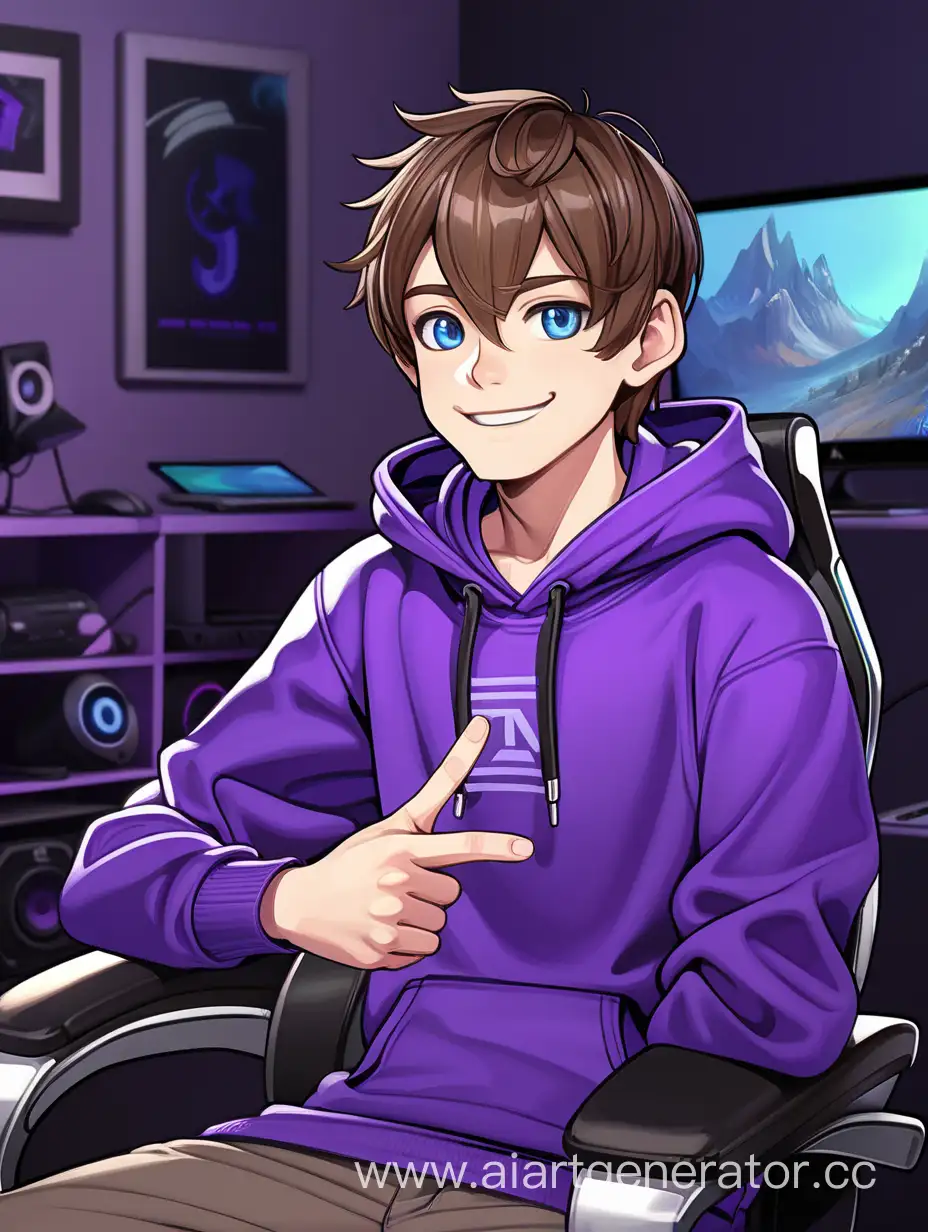 streamer boy, with brown hair, blue eyes, in a purple hoodie, smiling, sitting in a gaming chair in a room with a minimalist renovation in dark colors, pointing his right thumb at himself, as if talking about himself