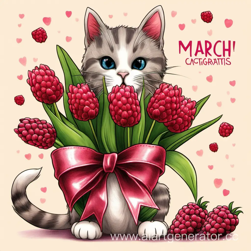 Мартовский кот поздравляет букетом из малины и тюльпанов с 8 марта 
