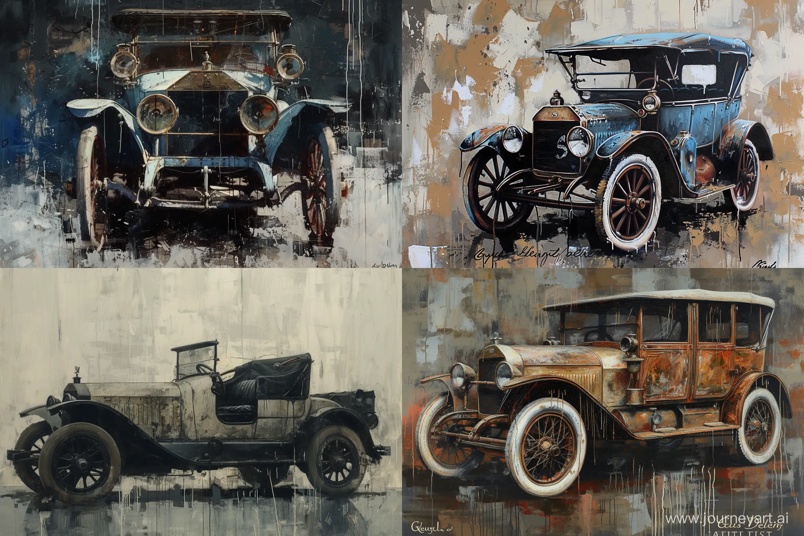 Guy Denning's painting depicting a old vintage car from 1910 --v 6.0  --ar 3:2