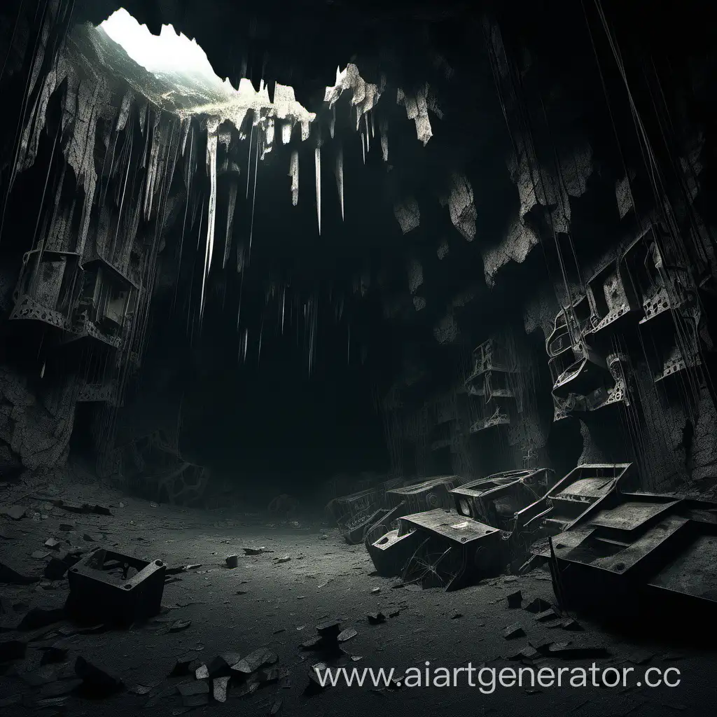 большая зловещая тёмная пещера с разрушенными механизмами
