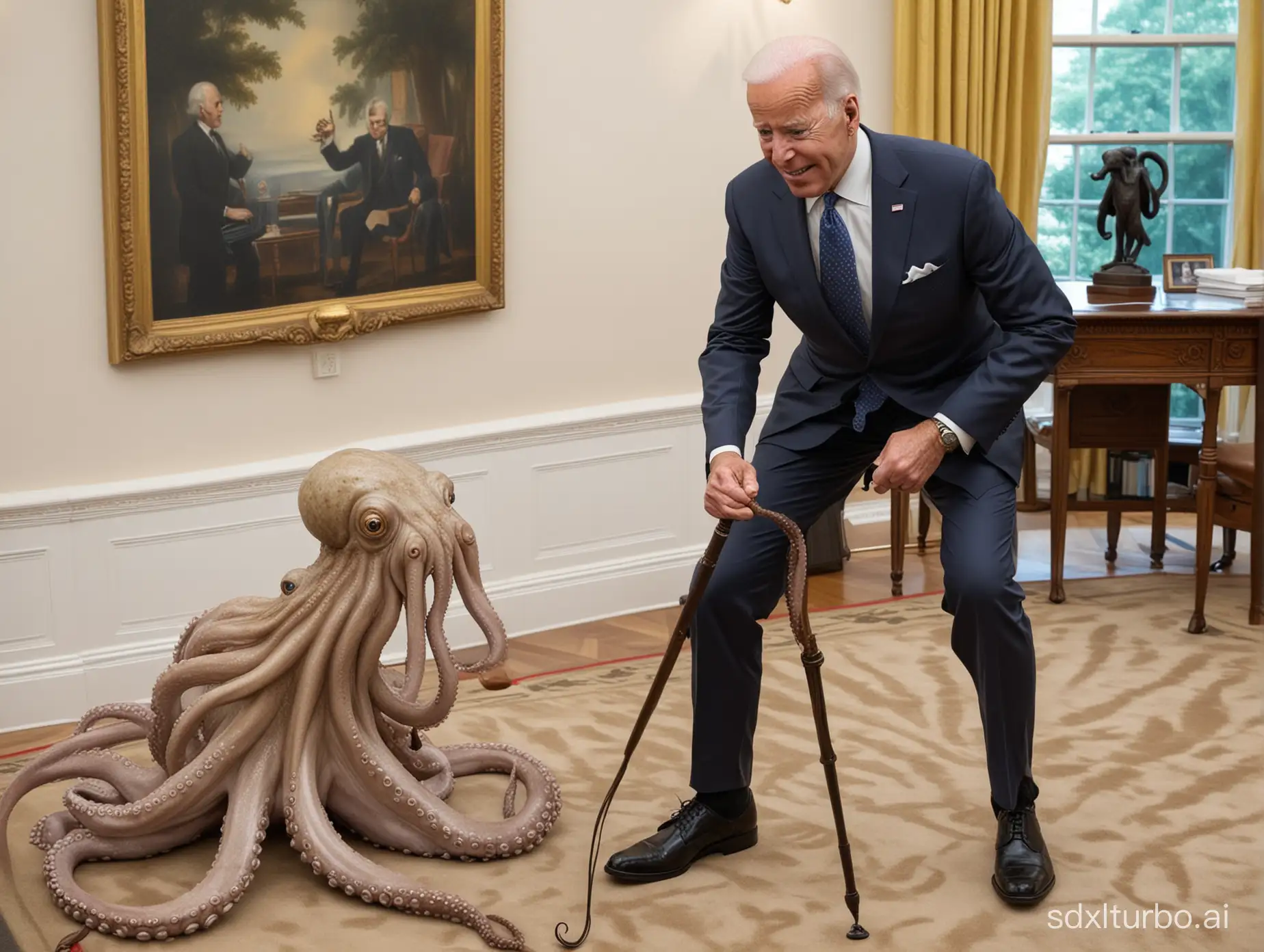 Joe Biden is wearing a grey suit and is greeting a very lifelike looking slimy octopus in the Oval Office of the White House.  The octopus it wearing a top hat and holding a cane.  President Joe Biden is very happy to meet the slimy octopus. He wants to give the slimy wet octopus the medal of honor. This is a very clean and high resolution realistically human rendering of both President Biden and the slimy wet octopus.