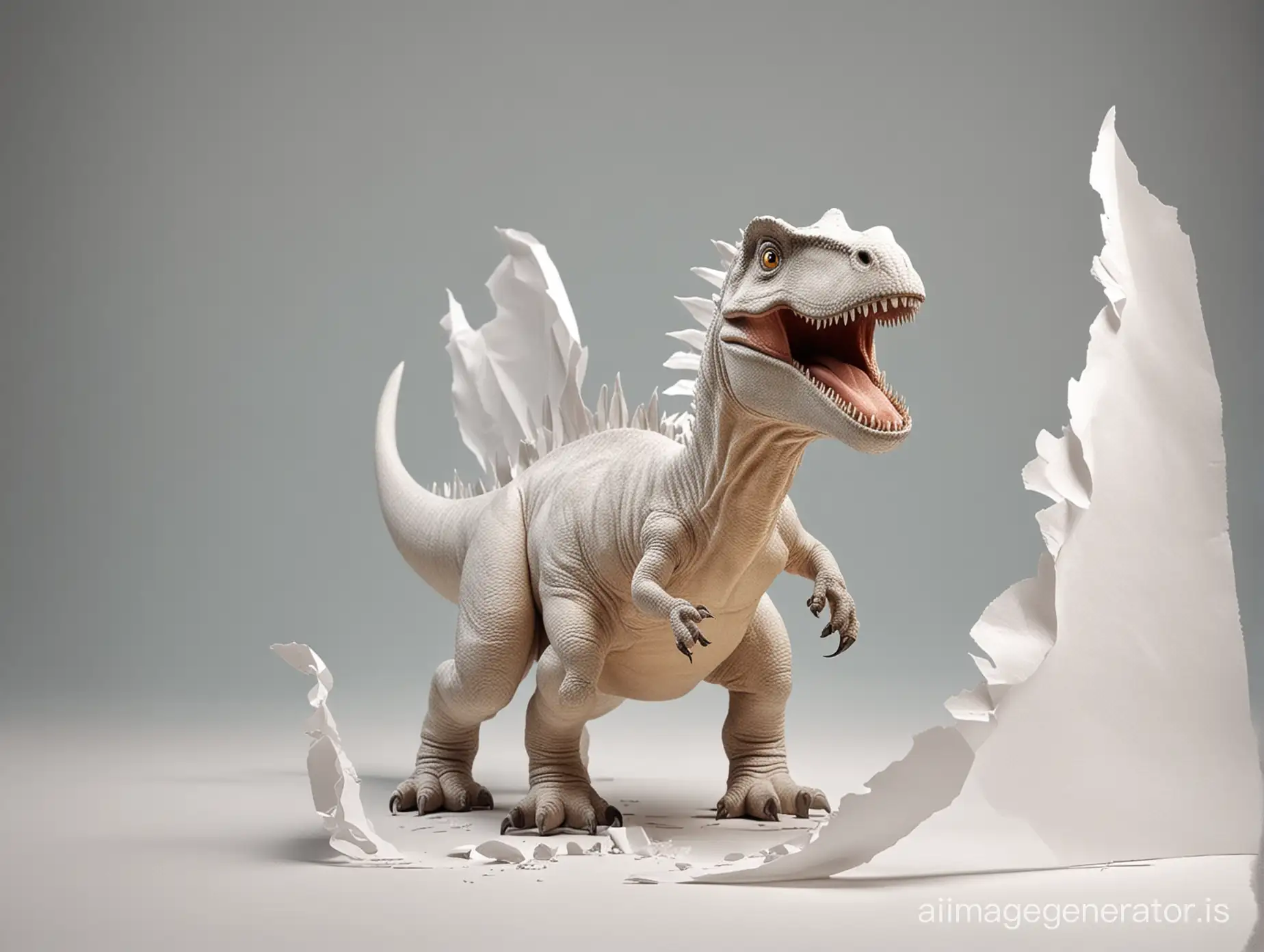 friendly-looking dinosaur comes out from torn white paper