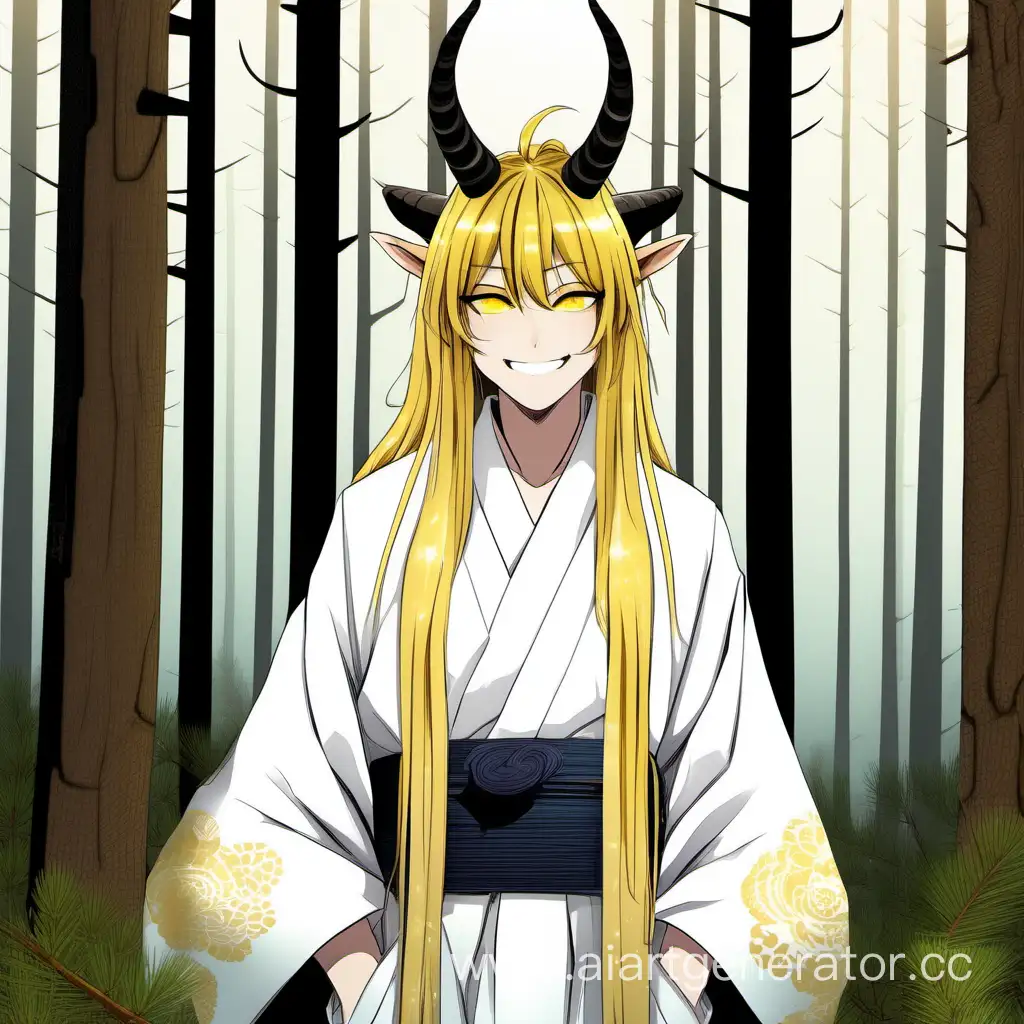 Улыбающийся человек с рогами, длинными золотыми волосами, в белом кимоно, желтые глаза, в хвойном лесу