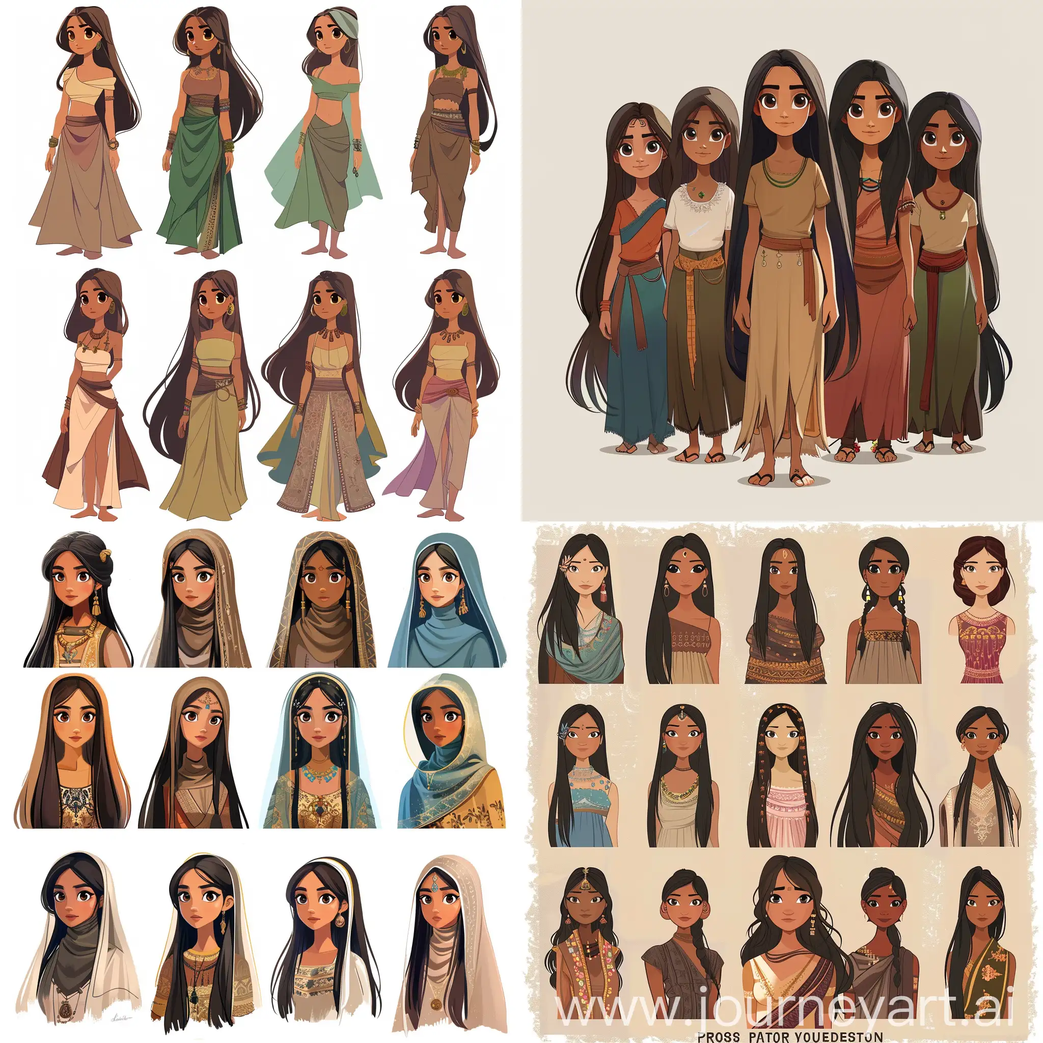 A girl, brown or tan skinned, 5'5 in height, dark brown eyes, long straight black hair till her hips, in different eras of history of different cultures around the world