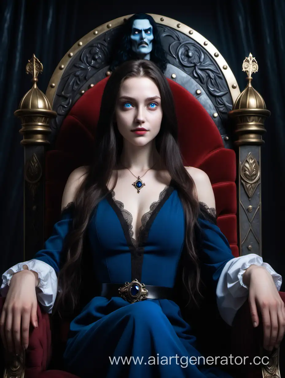 Красивая девушка с волосами по плечи и голубыми глазами и родинкой под глазом сидит на королевском троне, а рядом с ней возвышается Влад Дракула
