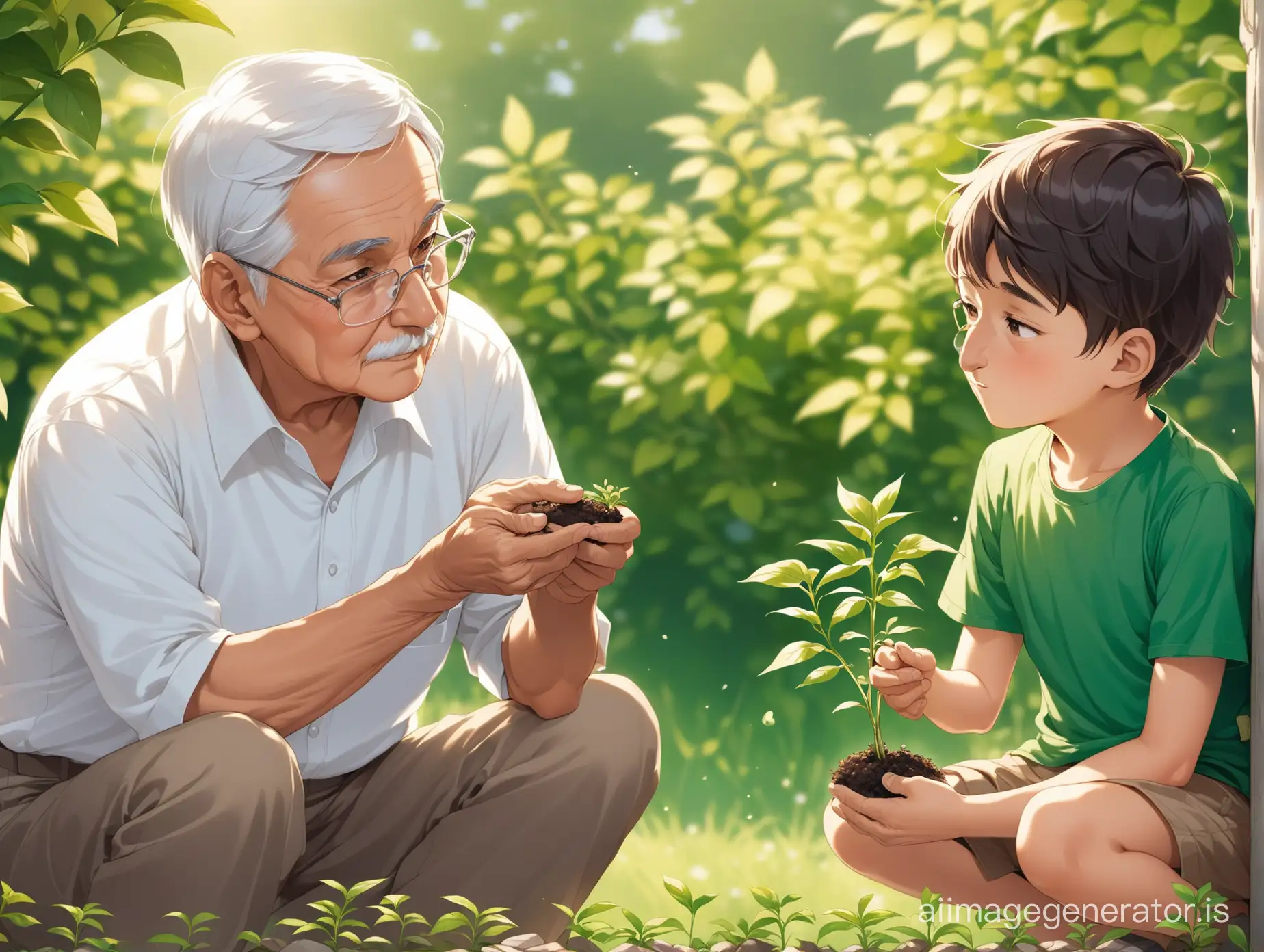 A young boy looking at two small plants WITH GRANDFATHER