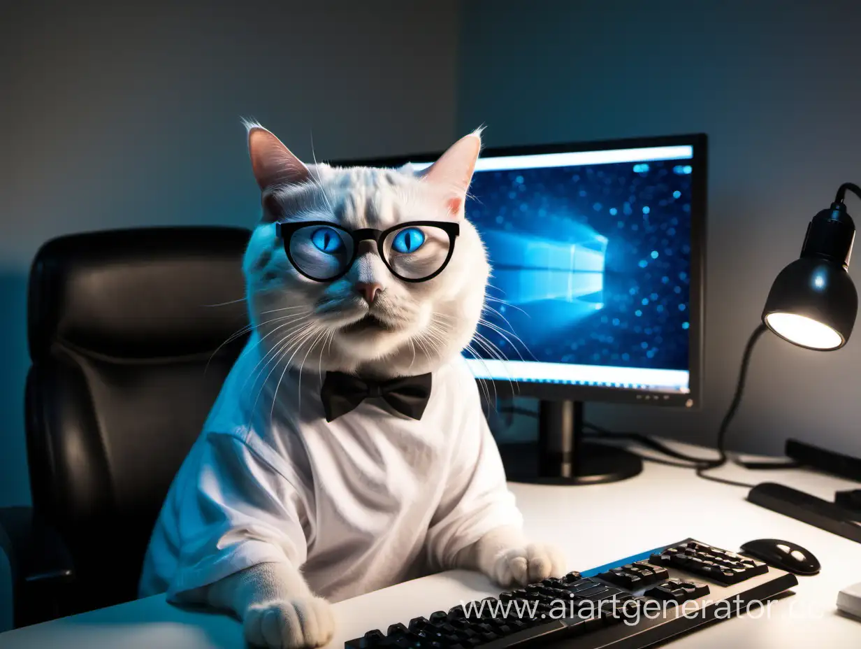 Лысый кот, с голубыми глазами, в черных прямоугольных очках, с бородой и усами, как у человека,  сидит ночью перед большим изогнутым монитором компьютера в белой футболке