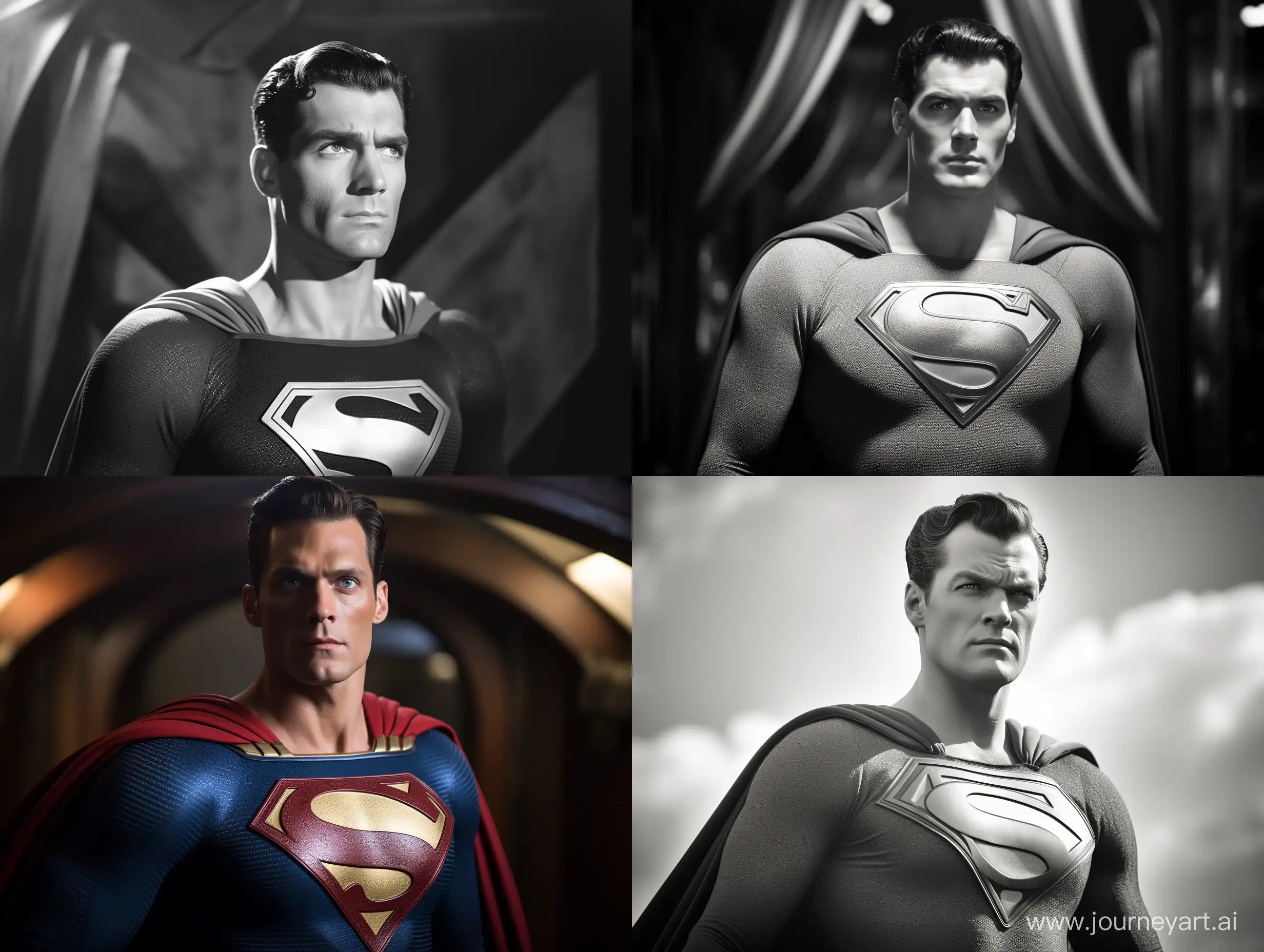 /imagine prompt: A highly detailed and realistic black and white photo that captures the essence of Superman in the 1940s. The atmosphere is nostalgic and classic, with the lighting emphasizing the details of Superman's iconic costume and features. Superman is shown in full body, with a heroic expression on his face as he stands tall and proud. The background is slightly blurred, emphasizing the focus on Superman and his surroundings. The image has a vintage quality, reminiscent of classic comic books and the golden age of superheroes. The composition is dynamic, with the focus on Superman and his powerful presence. The image is highly detailed, with intricate details in the costume and the texture of Superman's skin. The image is in 12K resolution, allowing for maximum detail and clarity. --ar 4:3 