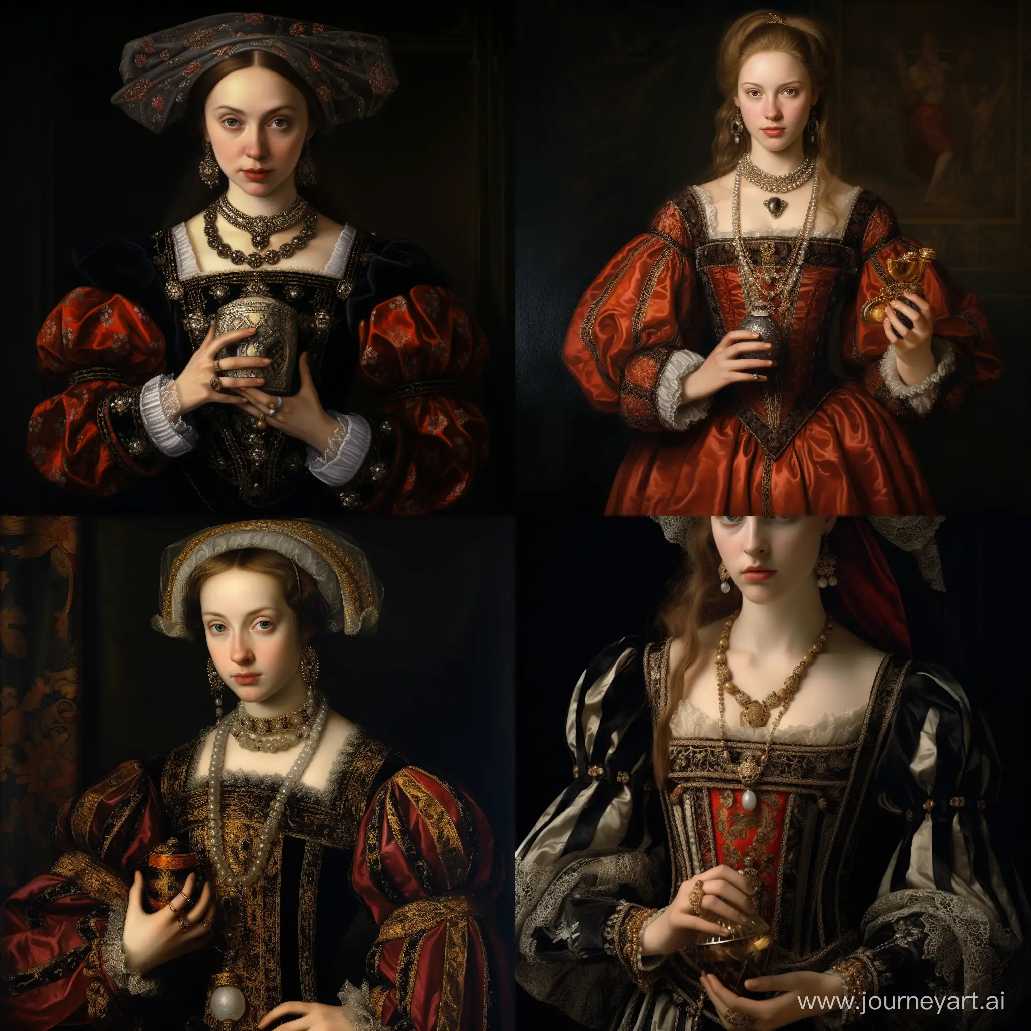 Женщина, 16 век, красивая одежда той эпохи, держит в руках флакон парфюма
