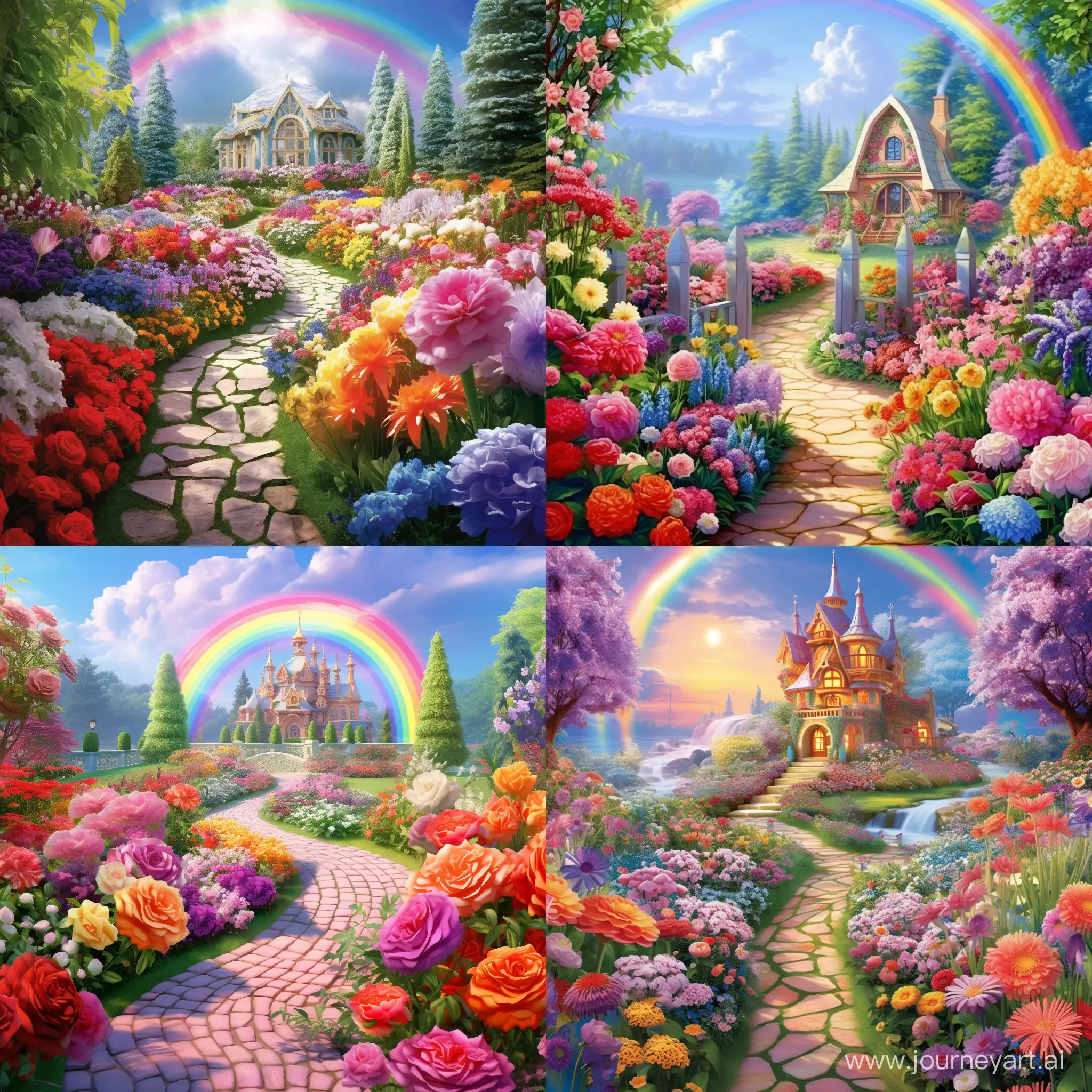 A magical garden where flowers bloom in the brightest shades of the rainbow.  Here colorful colors ring, the aromas of flowers fill the air and create a unique atmosphere of magic and beauty.  Roses of purple passion, lilies of snow-white tenderness, hyacinths of blue skies and tulips of bright joy - they all create a picture that will be remembered forever.  The magic of nature is revealed here in full glory, and each flower seems to tell its own amazing story of beauty.