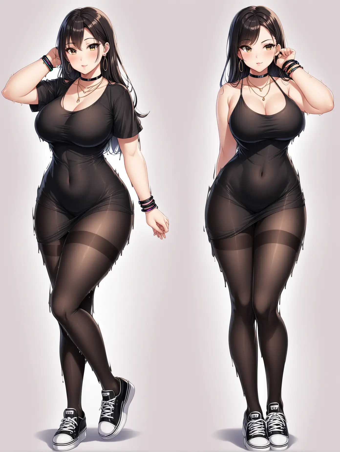 Sensual picture of a hot anime girl, age 25, curvy, height: tall, big ass, black pantyhose body stockings, long shirt dress, wearing Slipons sneakers, choker, necklaces, big earrings, wristbands, 2 poses